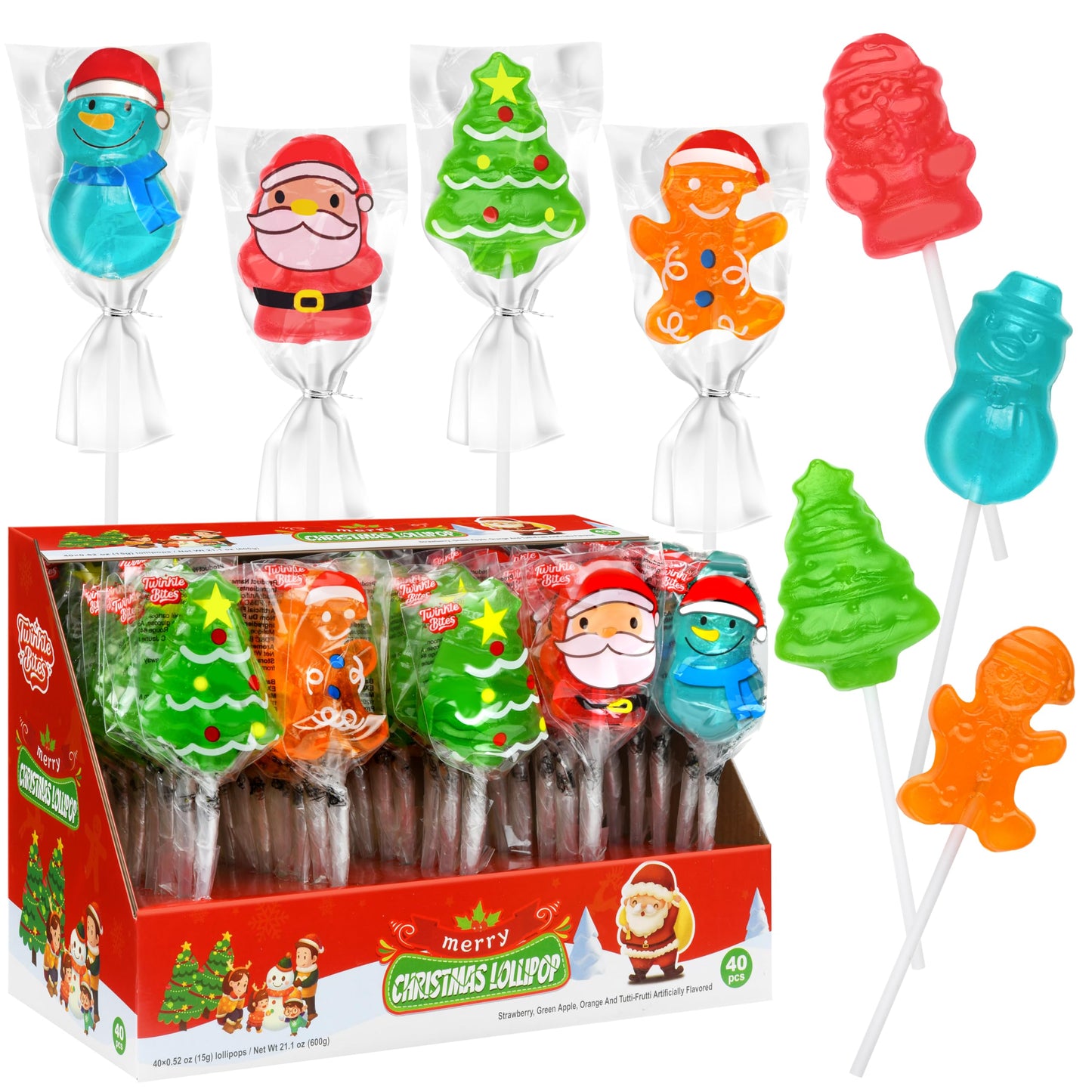 40 Pack Christmas Lollipops - Individually Wrapped Holiday Themed Lollipops - Santa, Tree Snowman, Gingerbread, Designs & Delicious Flavor -Bulk