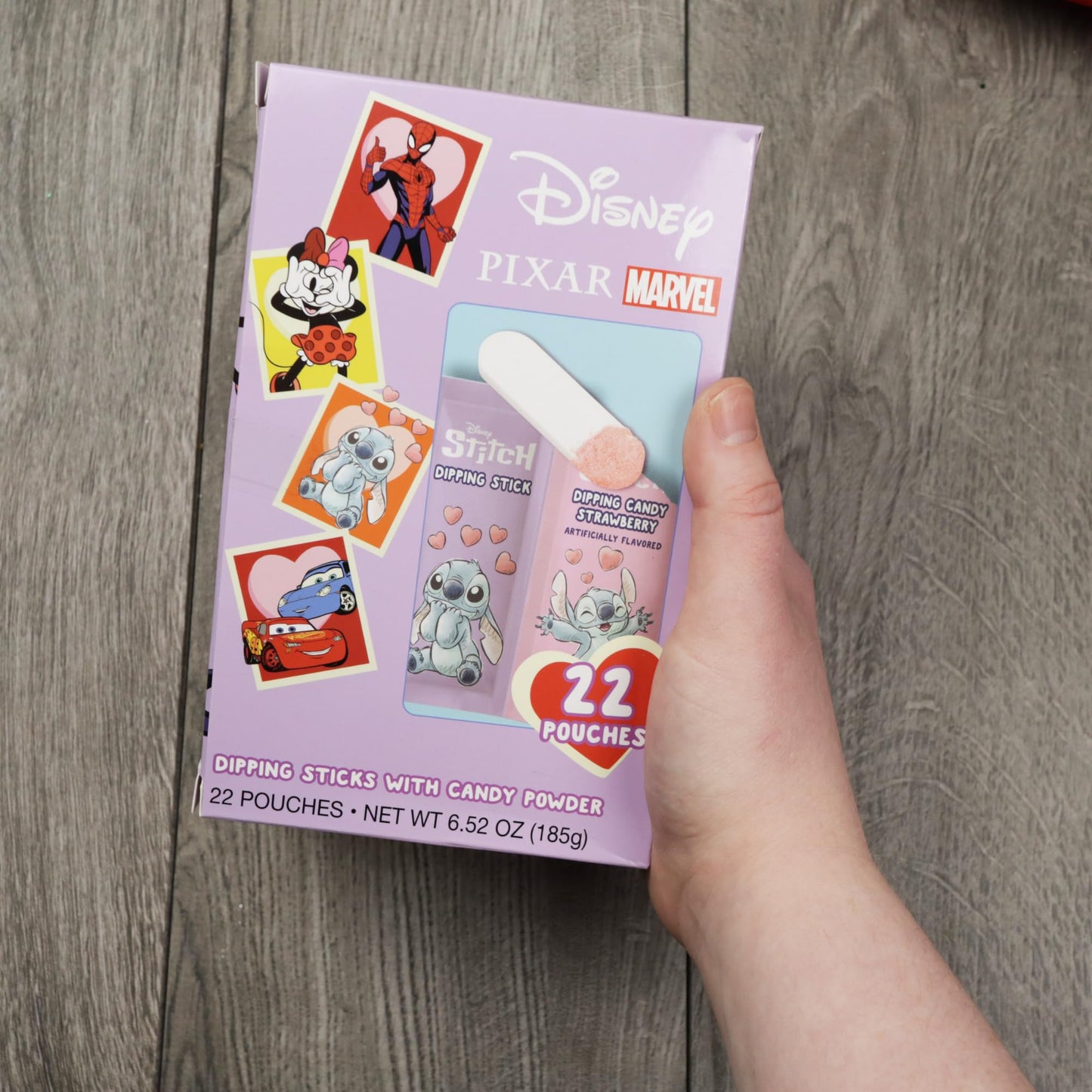 Disney Candy, Cars, Spiderman, Mickey and Minnie and Stitch Themed, Strawberry Flavored Dipping Powder, Birthday Party Favor Treats, 22 Pouches Inside