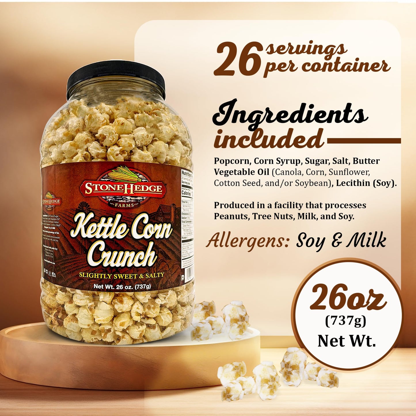 Stonehedge Farms Kettle Corn Crunch Popcorn | 26 oz Large Tub | Perfect for Holidays and Christmas | Bulk Gourmet Popped Flavored Sweet Snacks | Pop