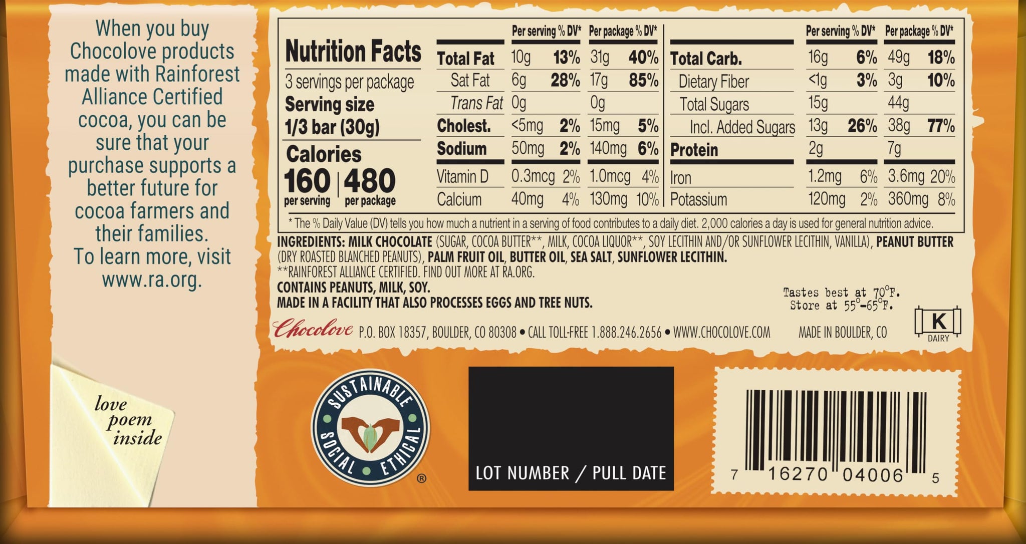 Chocolove, Salted Peanut Butter Milk Chocolate Bar, 3.17 Ounce