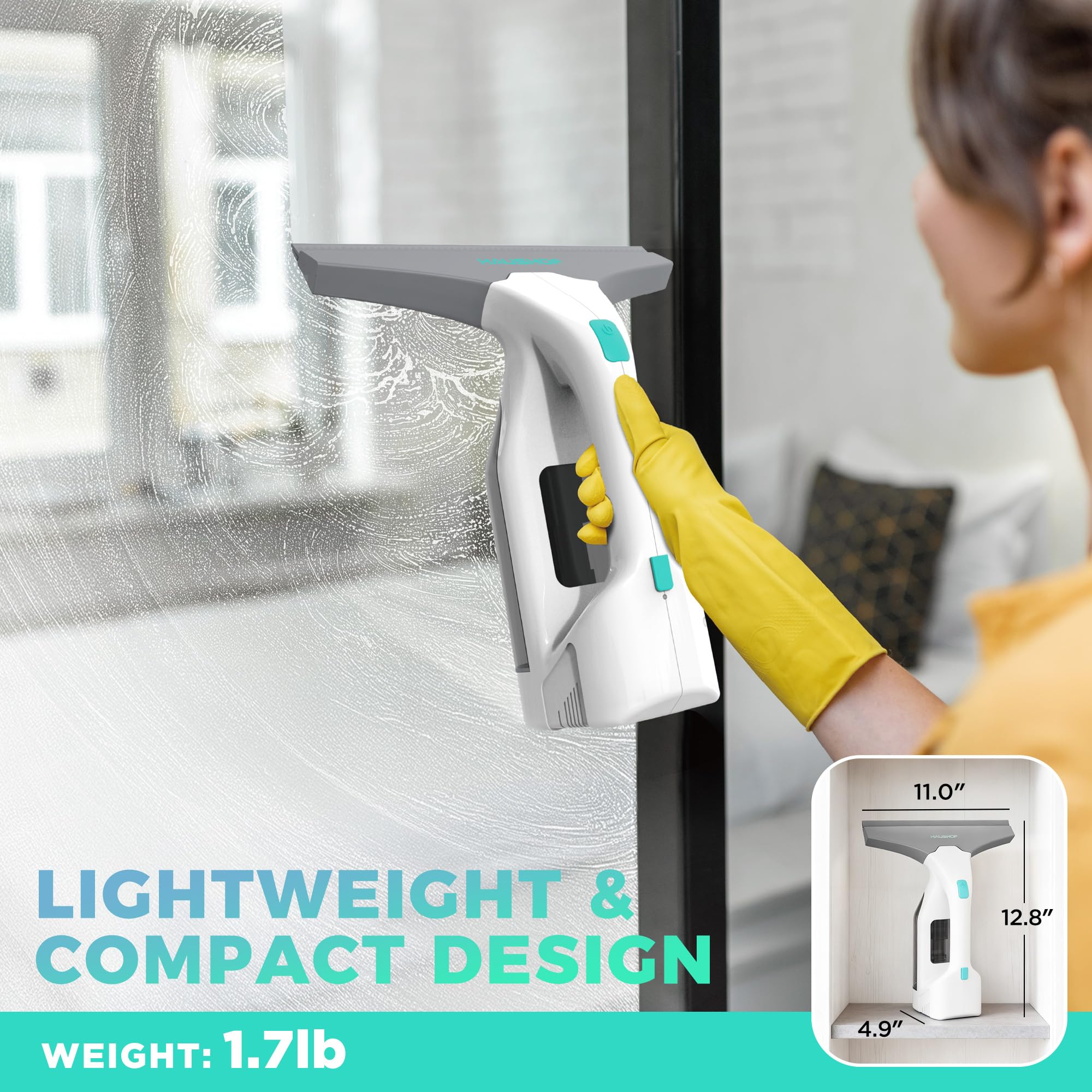 HAUSHOF Electric Window Vacuum Squeegee 11", Vacuum Squeegee Cordless Cleaner Tool Set, Window Vac with 300ml Spray Bottle & 100ml Water Tank