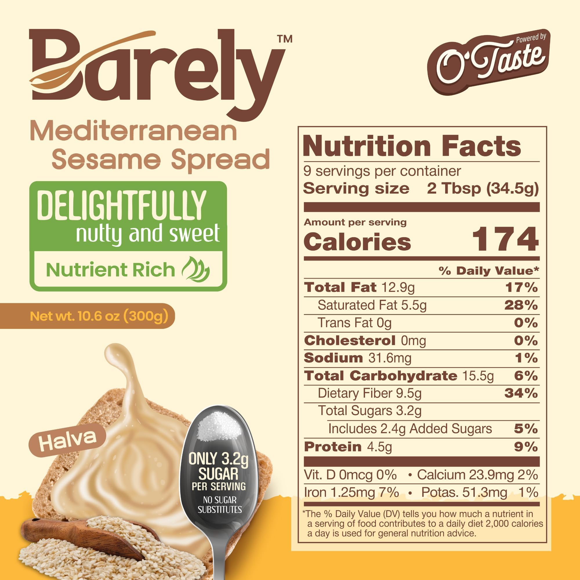 Sweet Mediterranean Sesame Spread by Barely, Low Sugar & No Artificial Sweeteners, Keto Friendly, Deliciously Nutty & Sweet Halva Spread, 3.2 g Cane