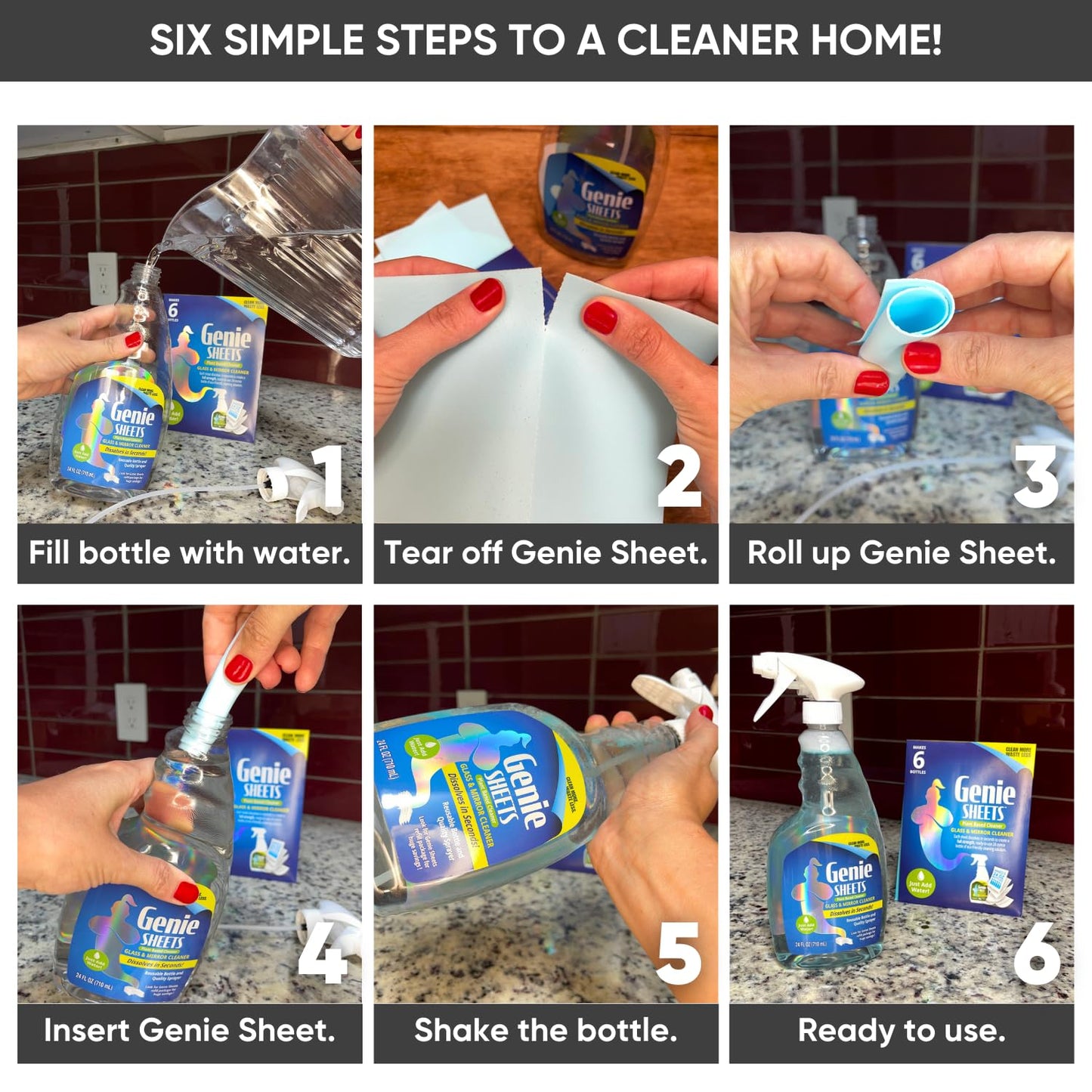 Genie Sheets Glass & Mirror Cleaner | Concentrate Makes 6 24oz Refills | Professional-Strength | Just Add Water | Sustainable Eco-Friendly Plant-Based