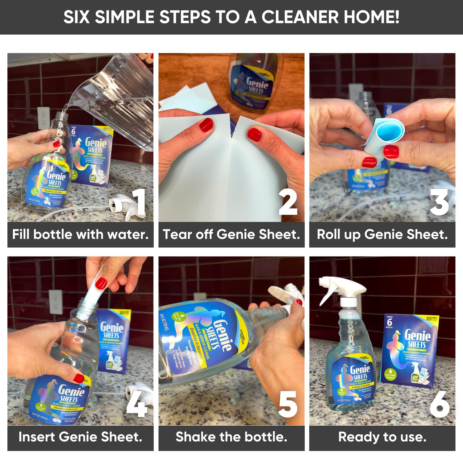 Genie Sheets Glass & Mirror Cleaner | Concentrate Makes 6 24oz Refills | Professional-Strength | Just Add Water | Sustainable Eco-Friendly Plant-Based