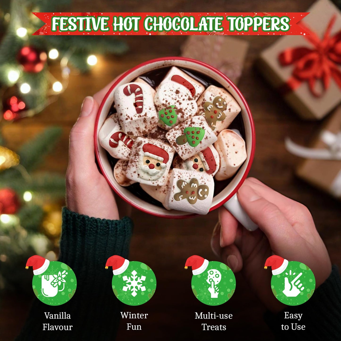 4E's Novelty Christmas Decorated Marshmallow Large Individually Wrapped 16 Pcs - Large Christmas Marshmallows for Hot Chocolate Toppers, Marshmallow