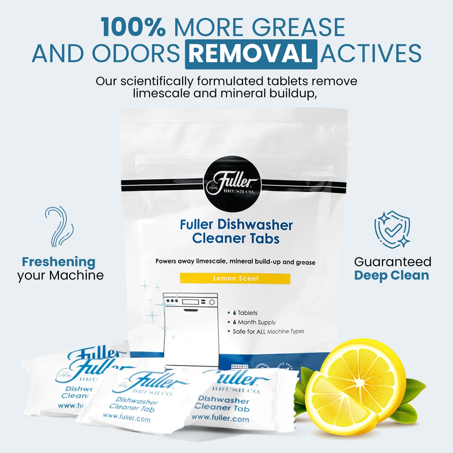 Fuller Dishwasher Cleaner Tabs - Lemon Scent - Eliminates Limescale, Grease & Odors - Septic Safe, Compatible with All Dishwasher Types - (Pack of 2)