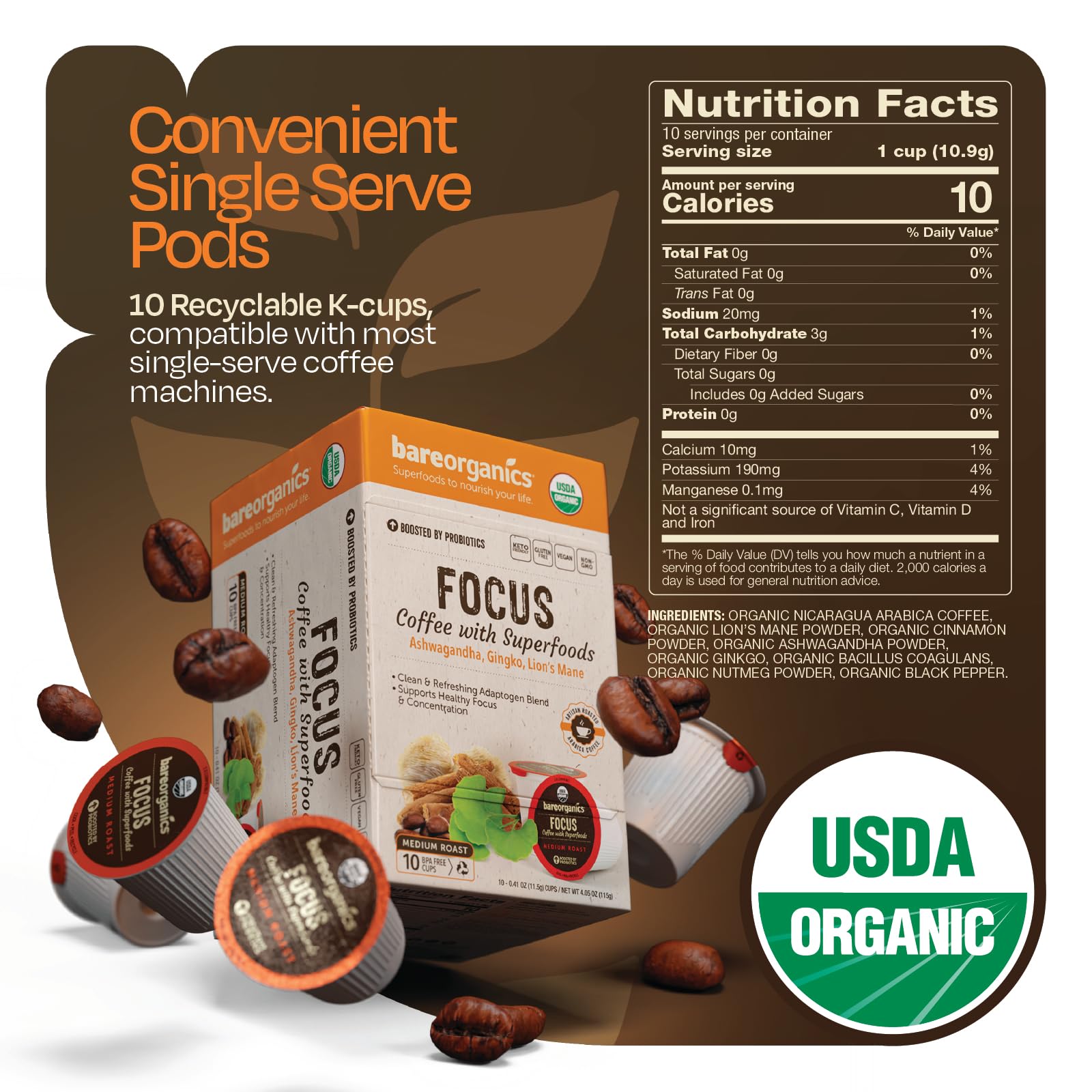 Focus Coffee with Superfoods - Organic Probiotic Mushroom Coffee Pods, Supports Healthy Focus & Digestion, Infused with Ashwagandha, Lion's Mane