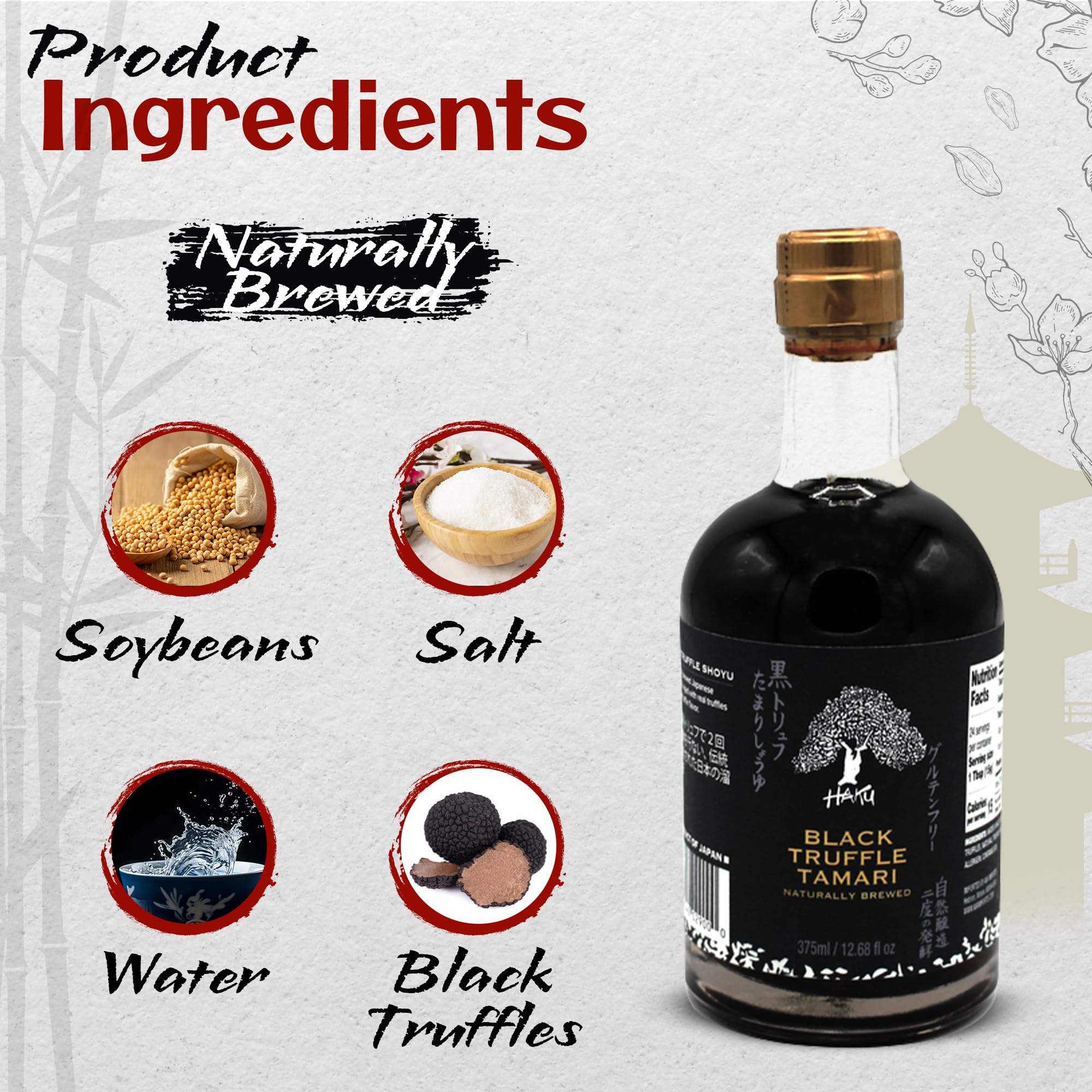 HAKU Black Truffle Tamari Naturally Brewed Aged 2 Years, 12.68 Oz (375 ml) - Traditional Gourmet Dipping Sauce & Marinade for Sushi, Meat, Rice, Stir