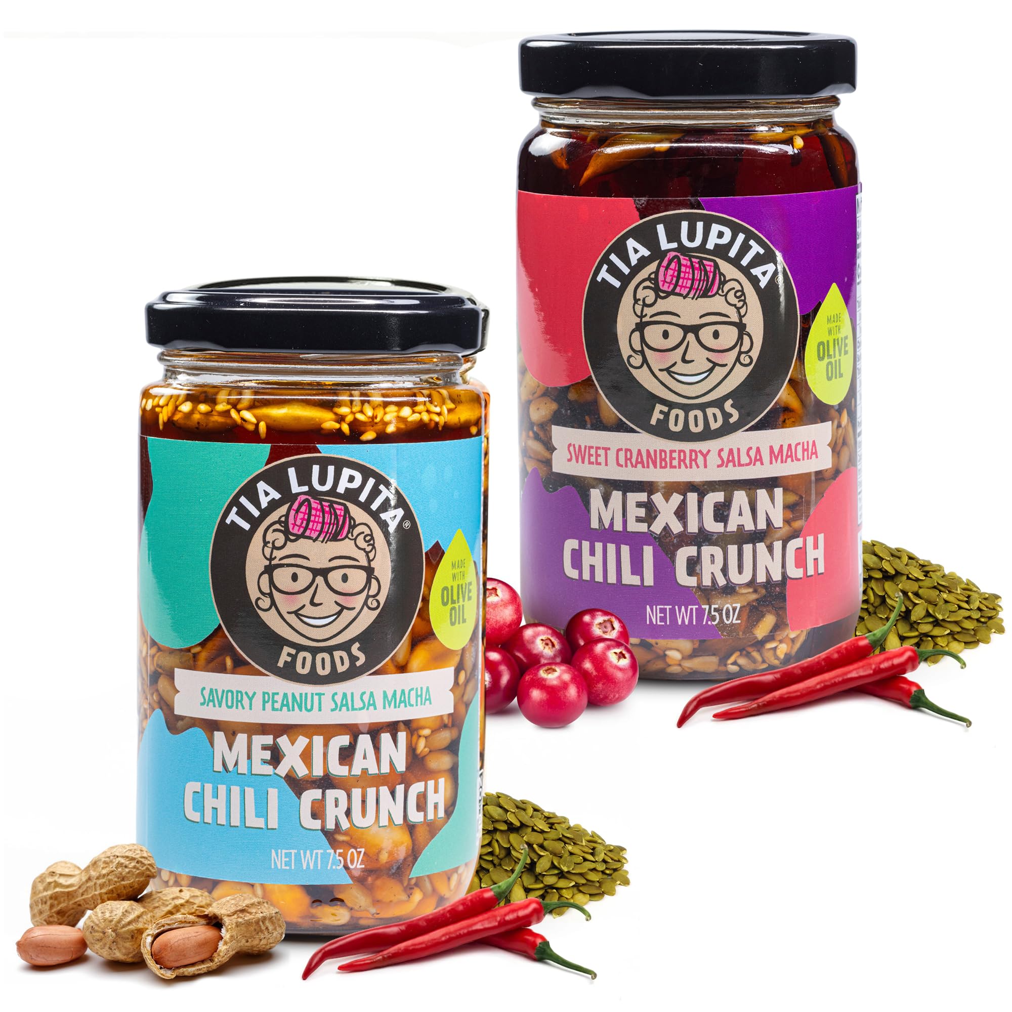 Tia Lupita Mexican Chili Crunch - Salsa Macha, Crunchy Morita Chili Oil | Gluten-Free, Non-GMO, Vegan | Cranberry & Peanut Variety (2 Pack)