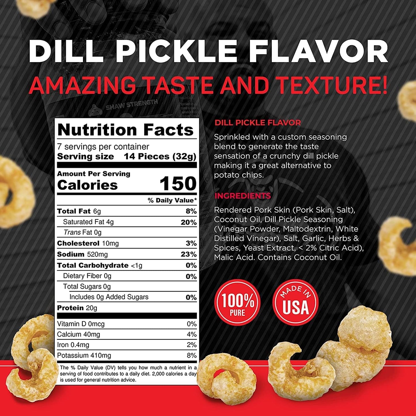 Ol' Uncle Porkers Shaw Strength Protein Pork Rinds (Dill Pickle, 8Oz) Developed for World’s Strongest Man Brian Shaw, Keto-Friendly, High Protein, No