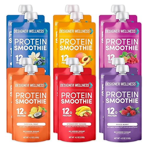 Designer Wellness Protein Smoothie, Mixed Variety Pack, 12g Whey Protein, Real Fruit Smoothie Snack, No Added Sugar, Low Carb, Gluten-Free
