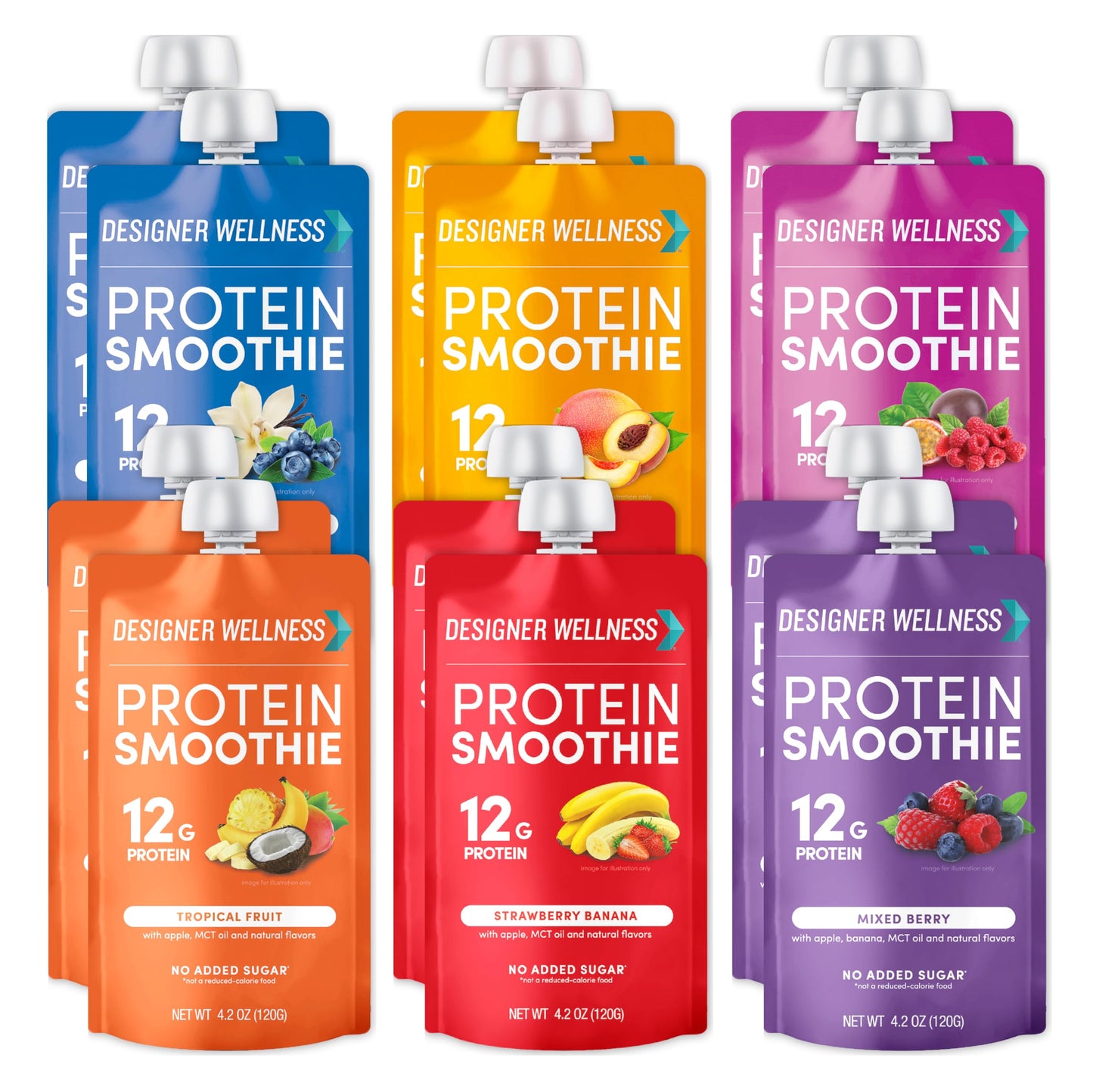 Designer Wellness Protein Smoothie, Mixed Variety Pack, 12g Whey Protein, Real Fruit Smoothie Snack, No Added Sugar, Low Carb, Gluten-Free
