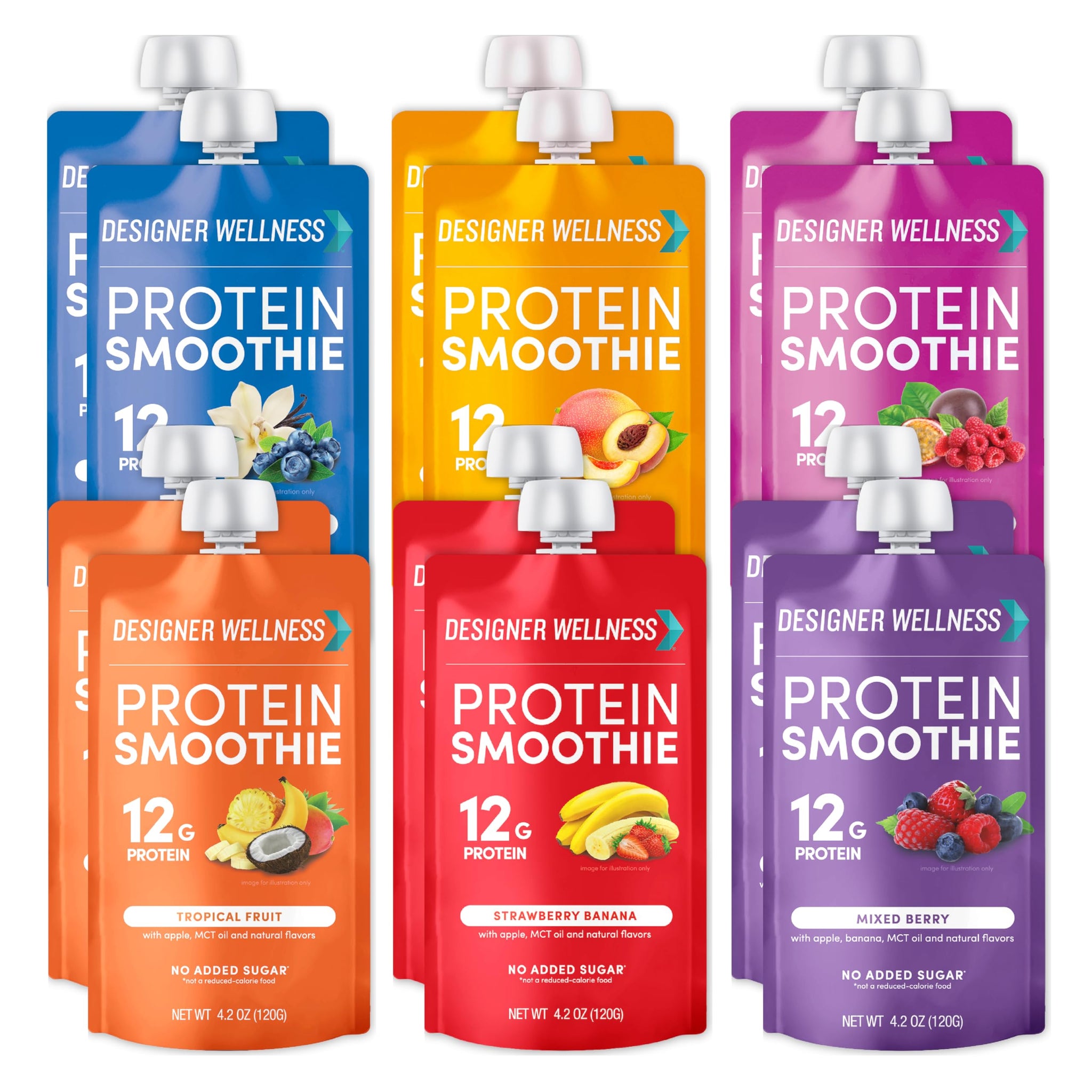 Designer Wellness Protein Smoothie, Mixed Variety Pack, 12g Whey Protein, Real Fruit Smoothie Snack, No Added Sugar, Low Carb, Gluten-Free