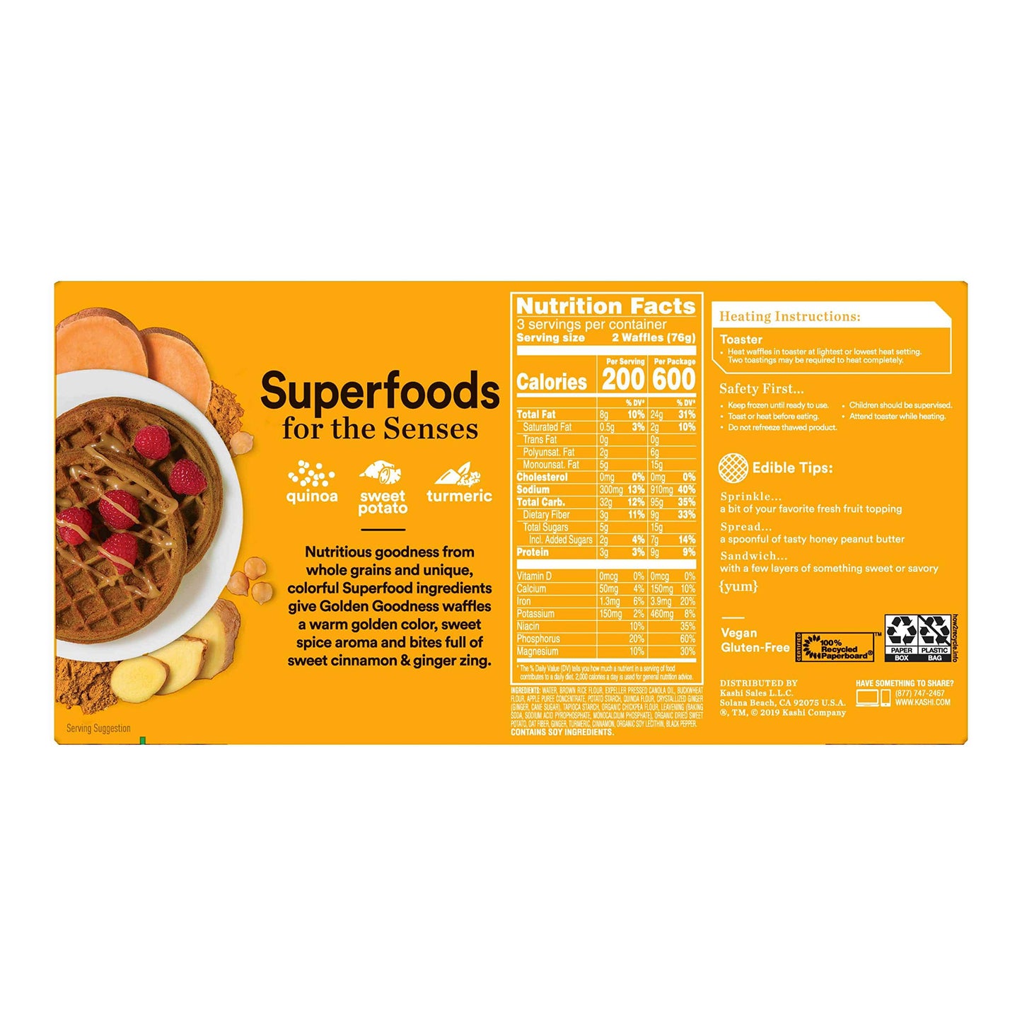 Kashi, Frozen Waffles, Golden Goddess, Gluten Free and Vegan, 8oz Box