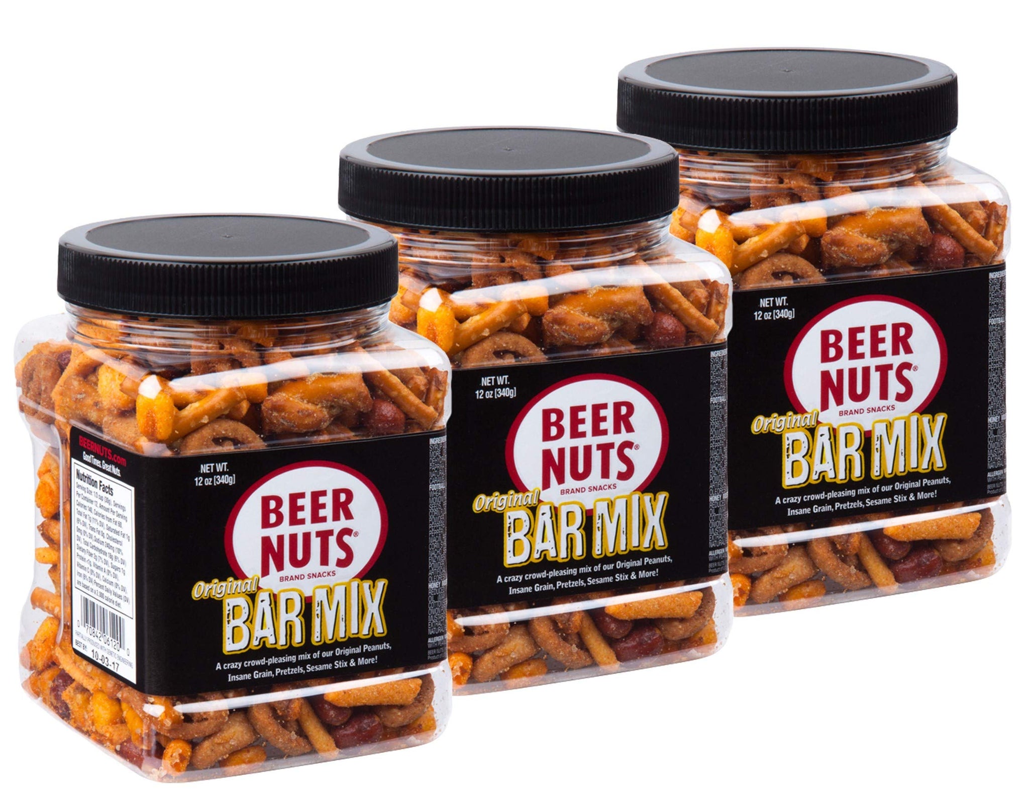 BEER NUTS Original Bar Mix - Pretzels, Cheese Stix, Sesame Stix, Insane Grain - 12oz Resealable Jar (Pack of 3)