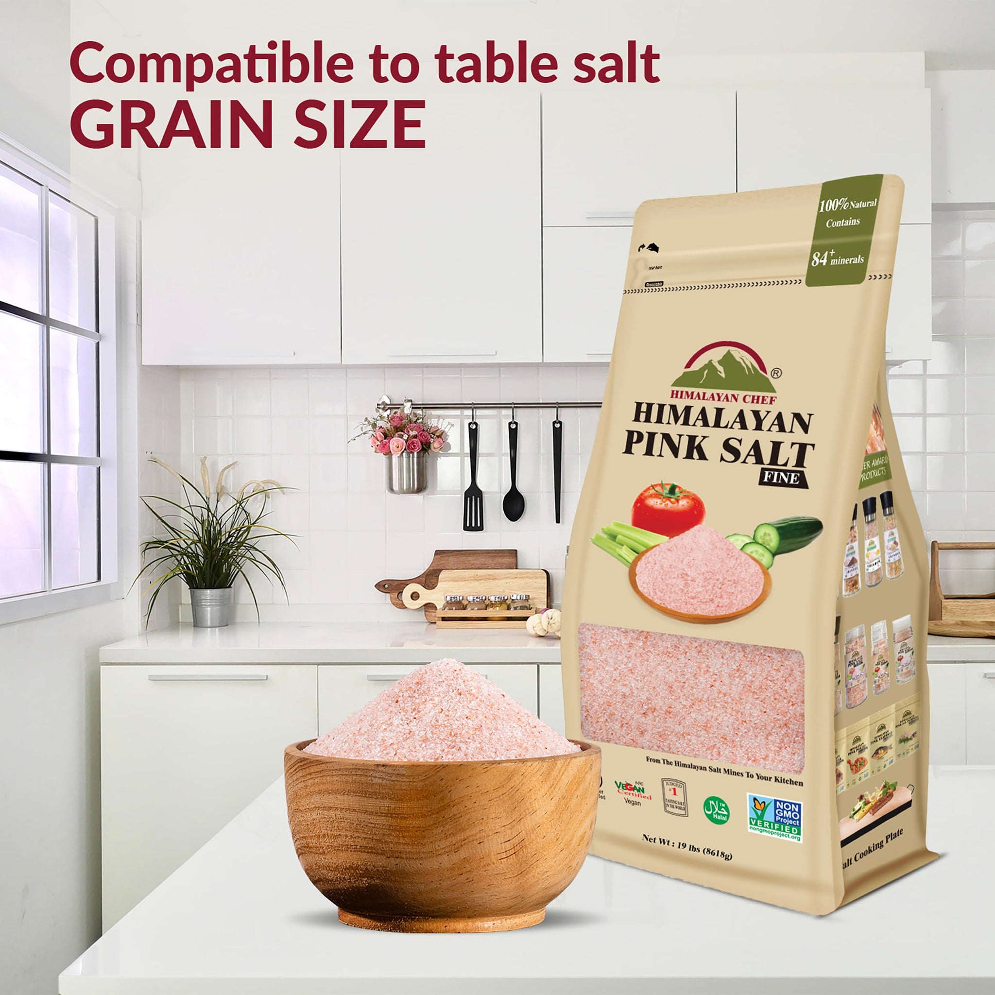 Himalayan Chef Pink Himalayan Salt, Extra Fine Grain, 19 lbs Bag - Pure, Natural, Kosher Certified, Non-GMO, Ideal for Cooking, Seasoning, and Flavor