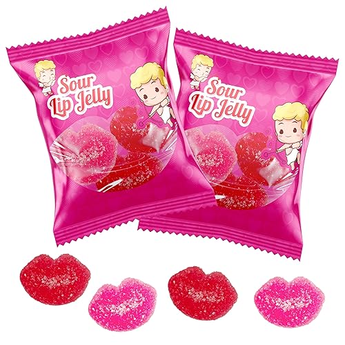 4E's Novelty 30 Packs Sour Lip Gummies, Strawberry Flavor Sour Pucker Up Gummy, Small Individually Wrapped Bulk (4 Jellies per Bag) Classroom Exchange