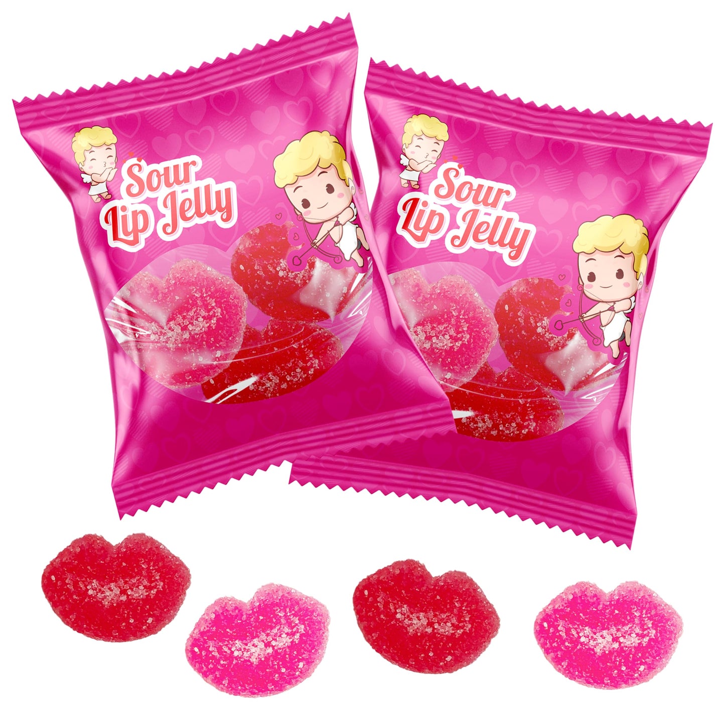 4E's Novelty 30 Packs Sour Lip Gummies, Strawberry Flavor Sour Pucker Up Gummy, Small Individually Wrapped Bulk (4 Jellies per Bag) Classroom Exchange