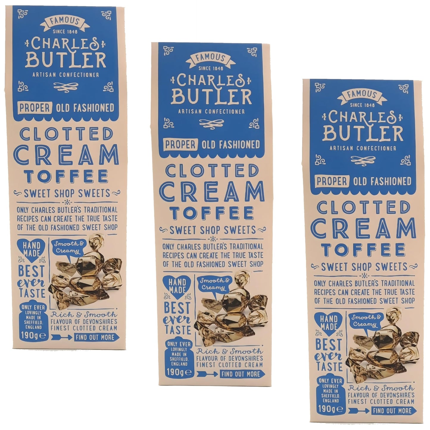 Charles Butler Clotted Cream Toffees 6.7 Oz (Pack of 3) | Handmade English Creamy Toffee Candy Individually Wrapped | Old-Fashioned British Sweets