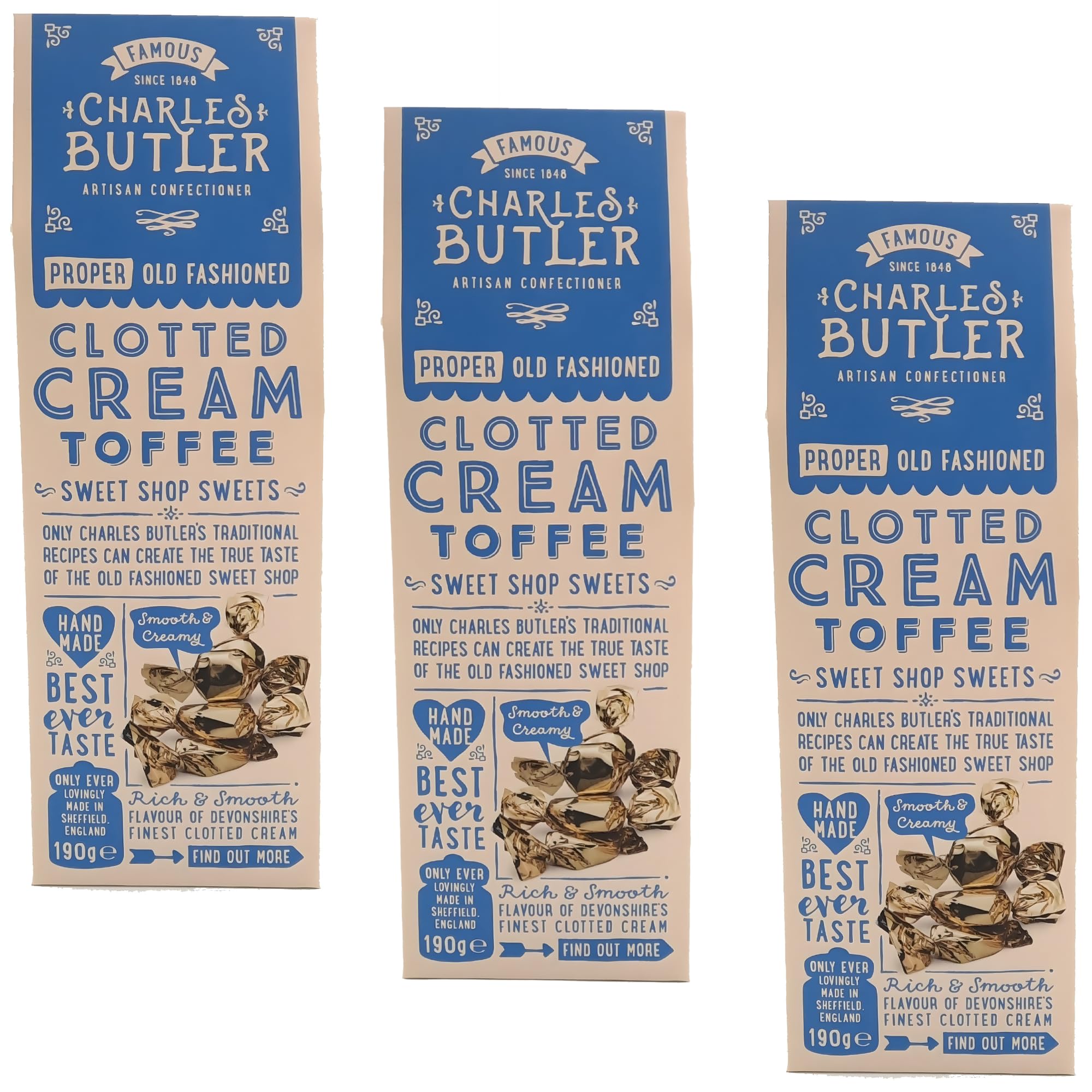 Charles Butler Clotted Cream Toffees 6.7 Oz (Pack of 3) | Handmade English Creamy Toffee Candy Individually Wrapped | Old-Fashioned British Sweets