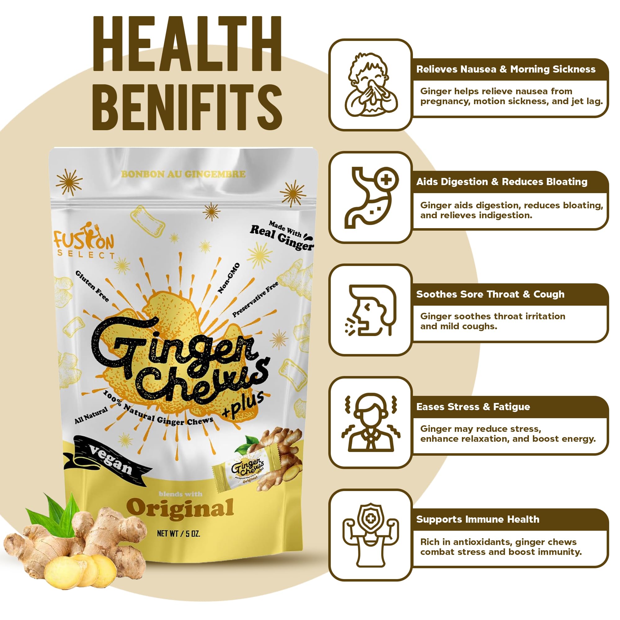 Fusion Select Original Ginger Chews - Sweet Soft Candied Delights From Indonesia - Promotes Relief From Morning Sickness, Upset Stomach - Made from