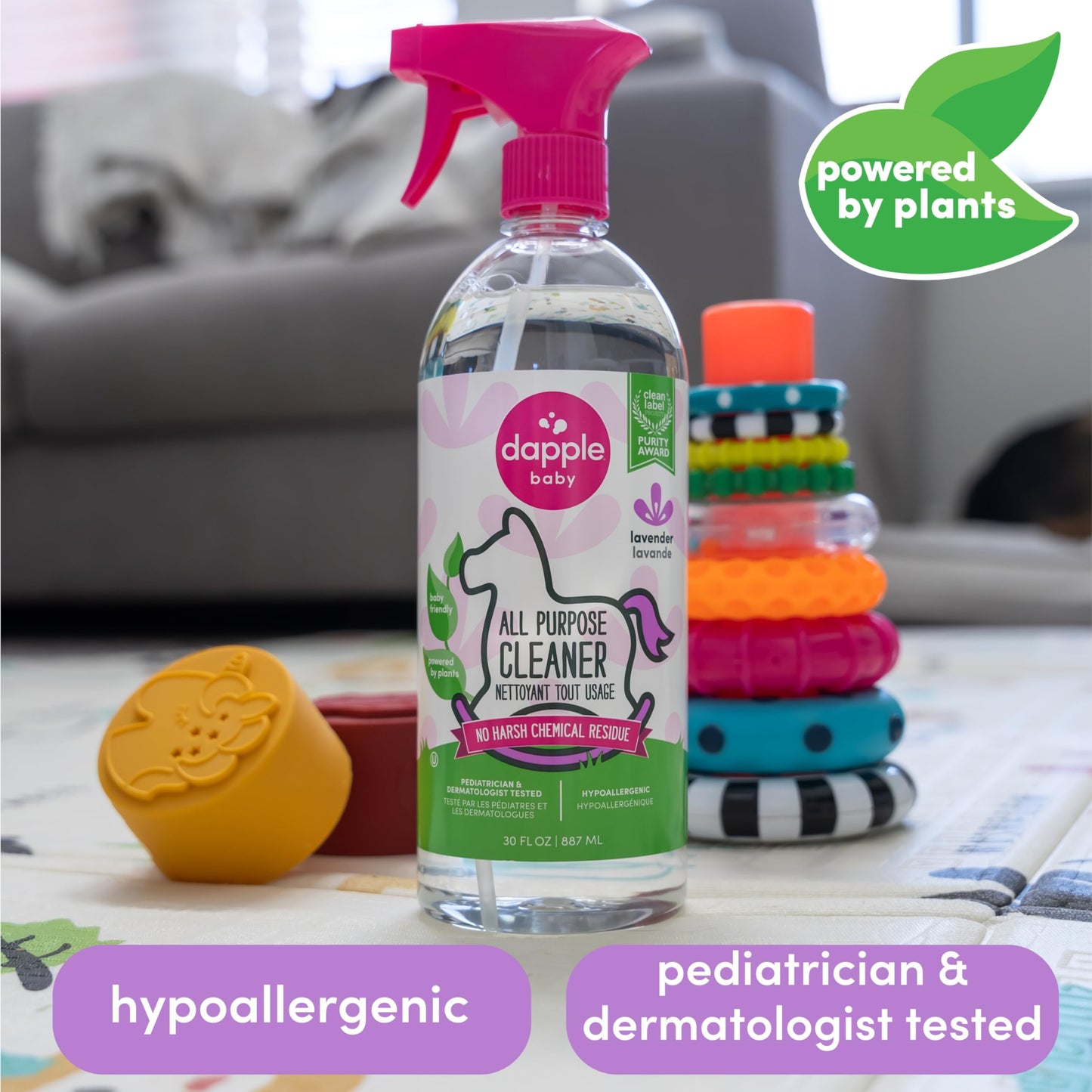 Dapple Baby All Purpose Cleaning Spray, Hypoallergenic for Toys, High Chairs, Swings, Counters, Powered by Plants, 1 Pump Included, Lavender, 30 Fl Oz