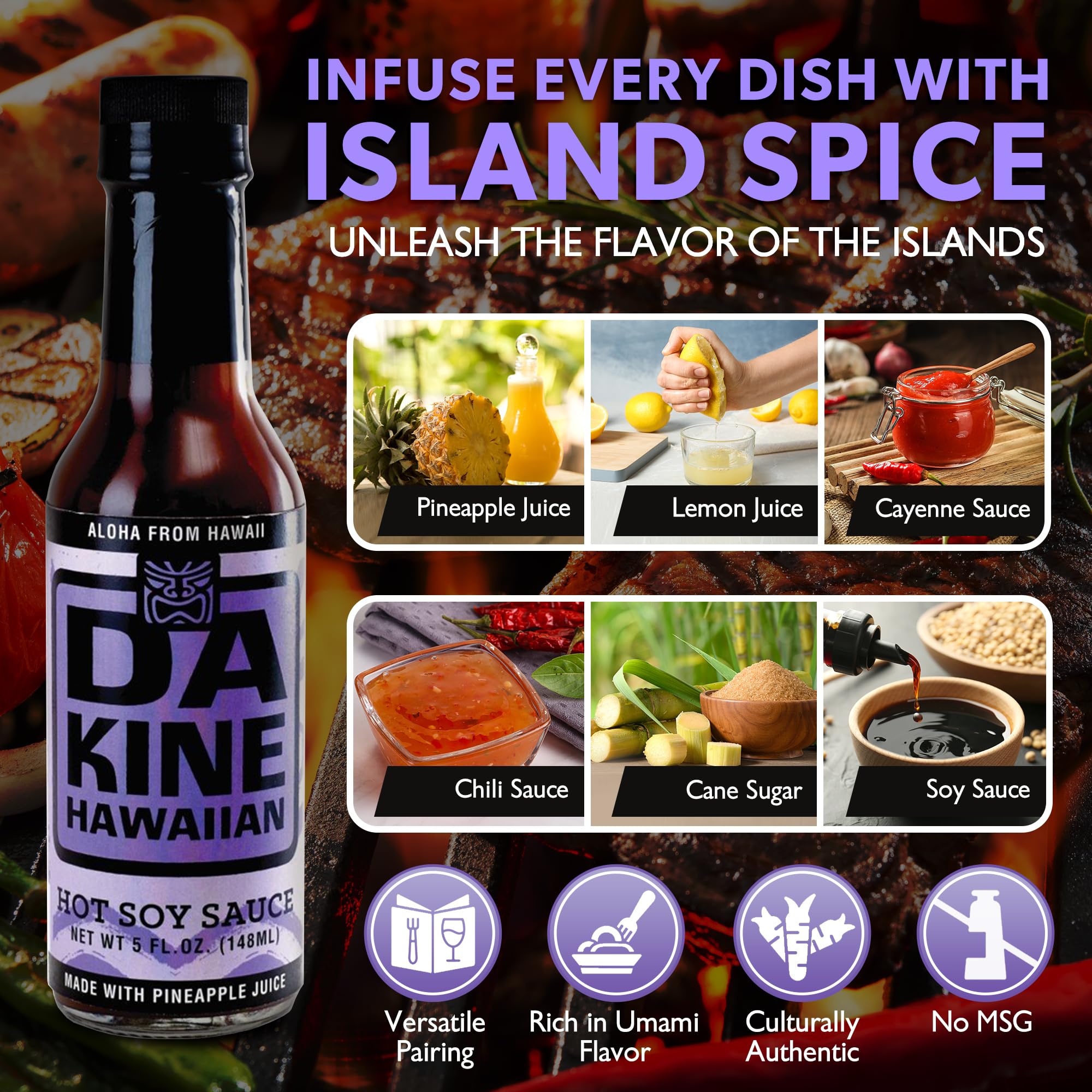 Da Kine Hawaiian Hot Soy Sauce - Citrus Soy Sauce Made with Pineapple Juice - Great for Marinades, Dipping, Grilling & Everyday Cooking - Chicken