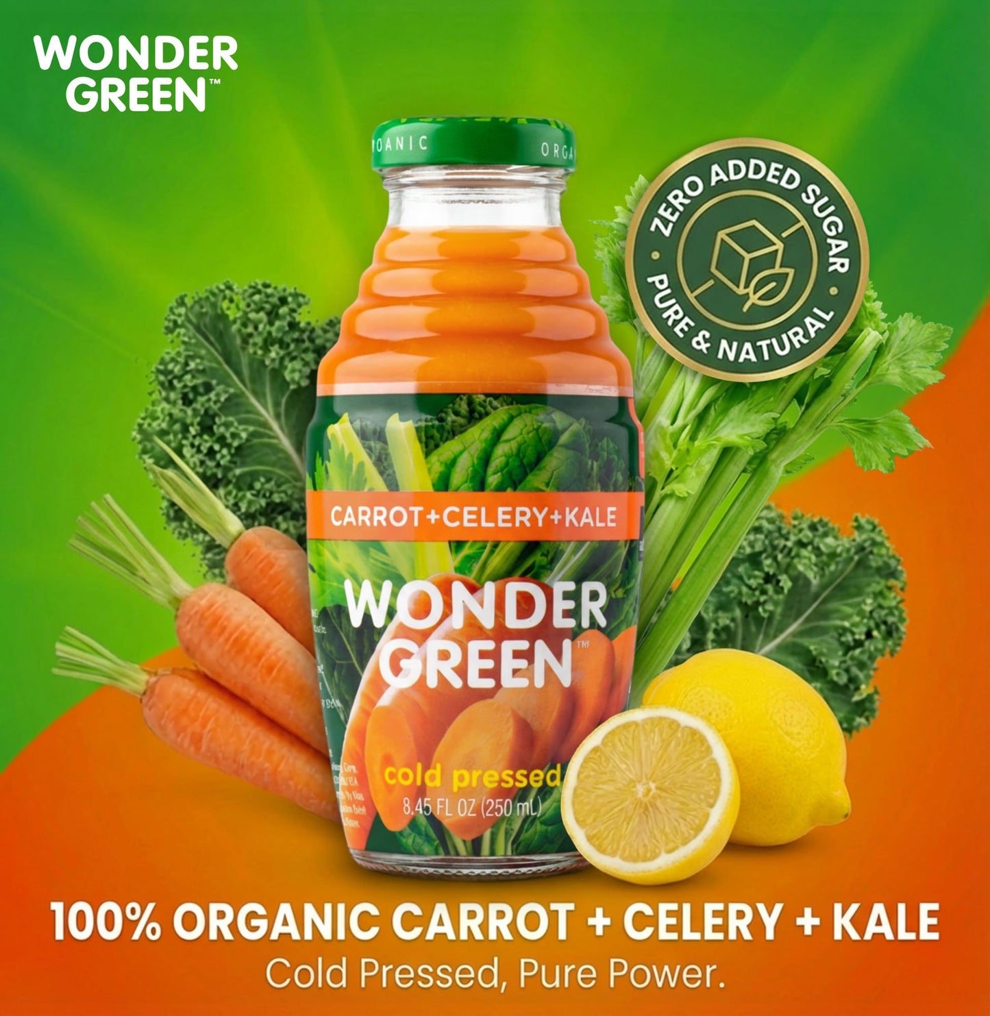 Wonder Green 100% Organic Carrot, Celery & Kale Cold Pressed Juice, 8.45 oz (6 Pack) | Vegetable Juice Blend, All Natural, No Additives or