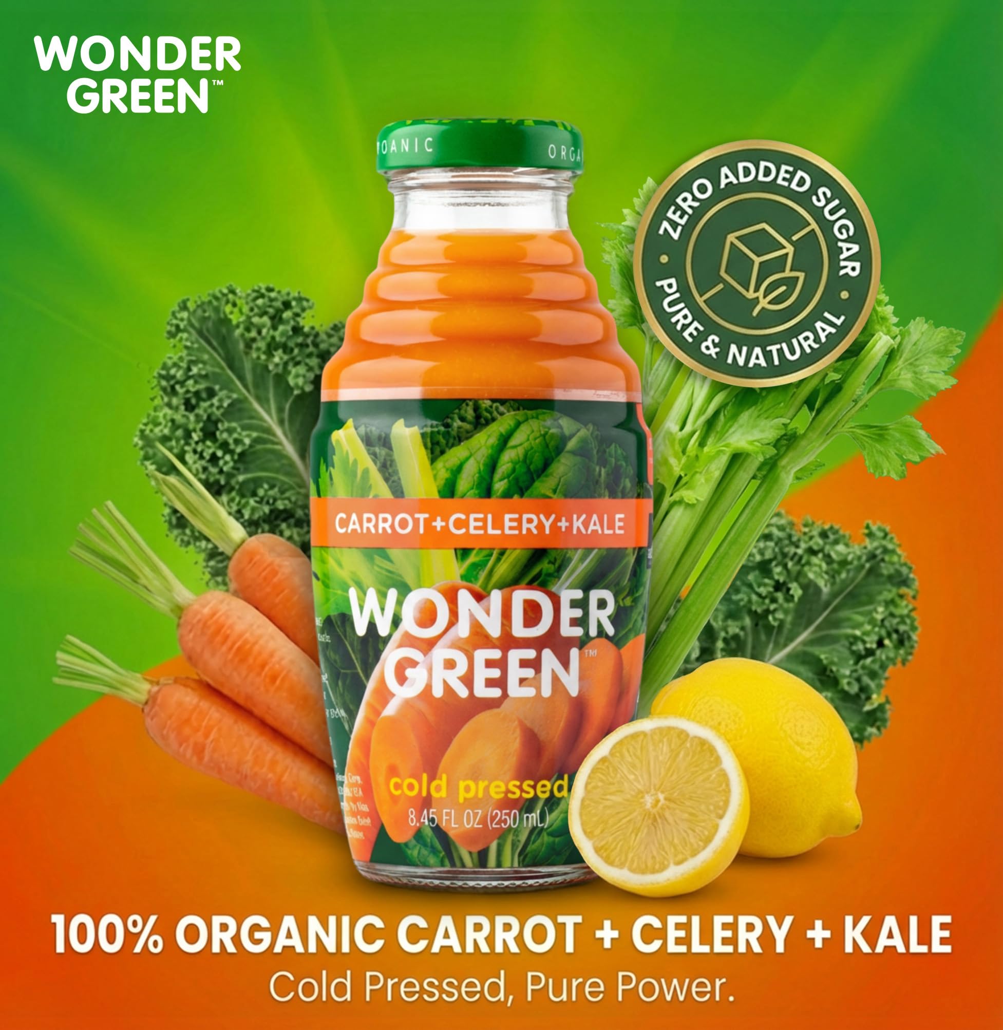 Wonder Green 100% Organic Carrot, Celery & Kale Cold Pressed Juice, 8.45 oz (6 Pack) | Vegetable Juice Blend, All Natural, No Additives or