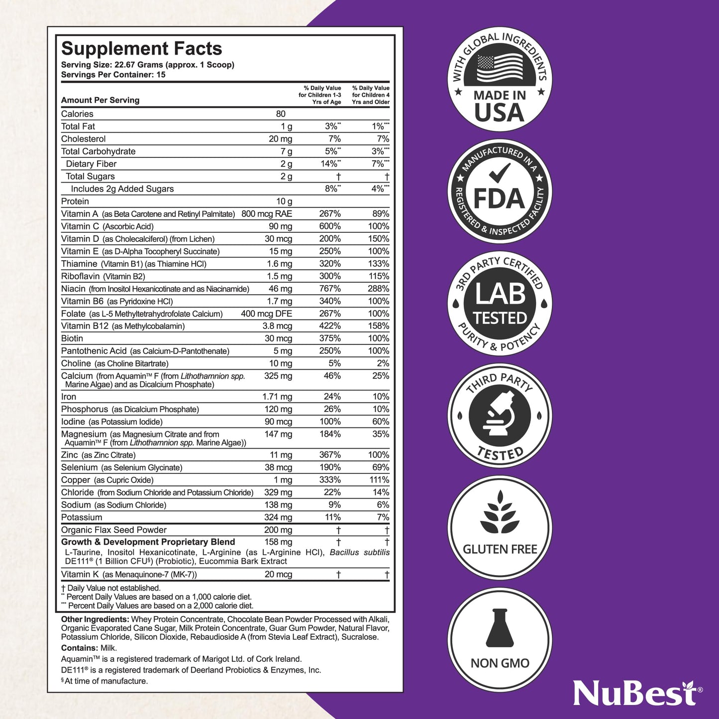 NuBest Tall Protein Powder for Kids & Teens - Whey Protein Powder - Chocolate Protein Powder Shake with Probiotics, Omega 3-6-9, Vitamin D3 + K2
