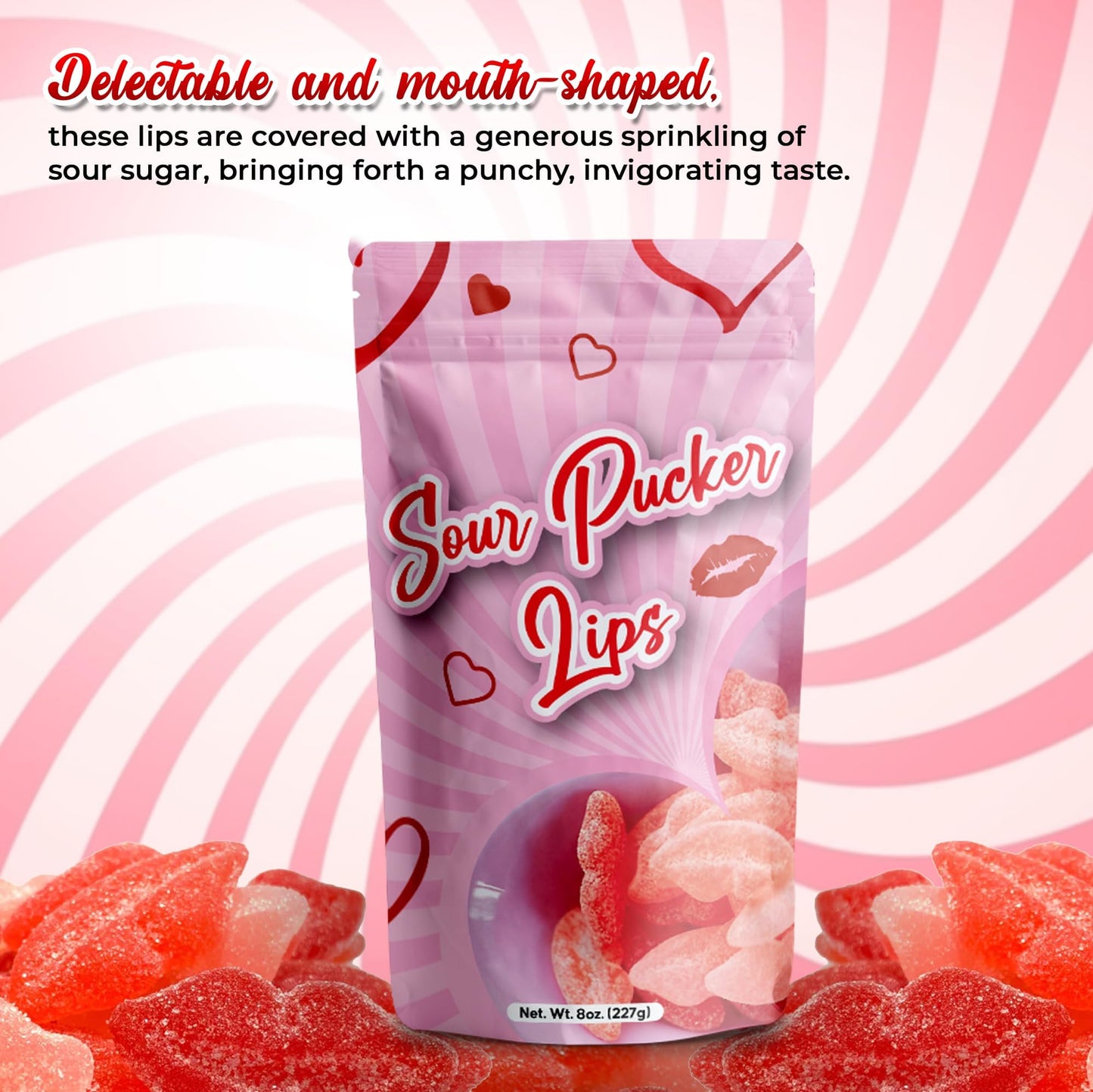 NY Spice Shop Sour Pucker Gummies - 8 Ounce Lip Shaped Gummies - Fruit Flavor Gummy For Office Candy Bowl Fillers And Movie Night - Pink And Red Chewy