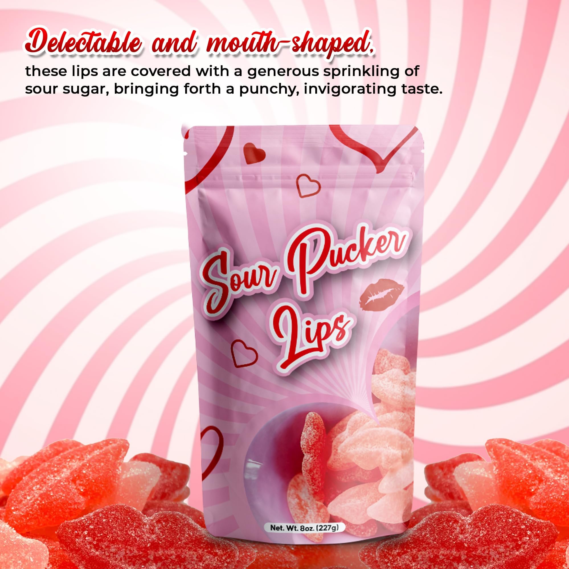 NY Spice Shop Sour Pucker Gummies - 8 Ounce Lip Shaped Gummies - Fruit Flavor Gummy For Office Candy Bowl Fillers And Movie Night - Pink And Red Chewy