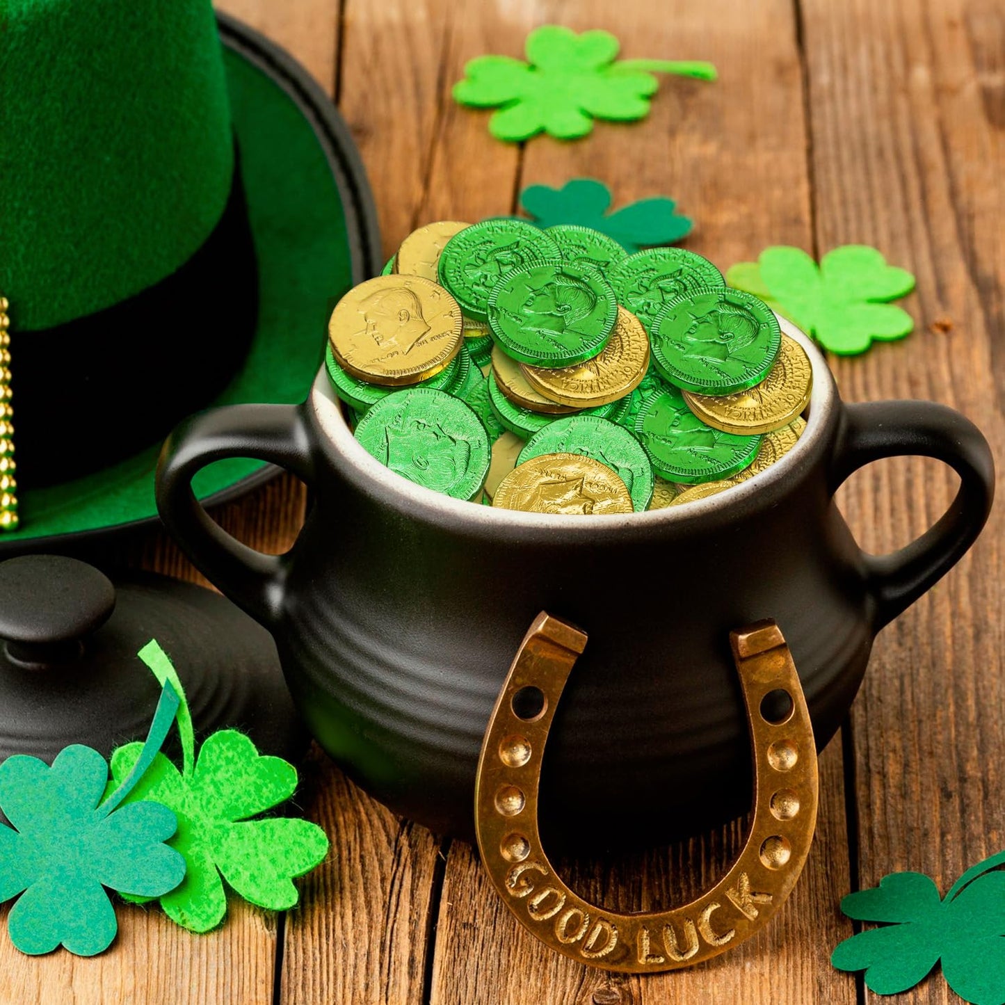 Belgian Milk Chocolate Gold & Green Large Coins - Smooth, Creamy European Chocolate Wrapped in Gold Foil, St. Patrick’s Day Candy for Parties, Parade