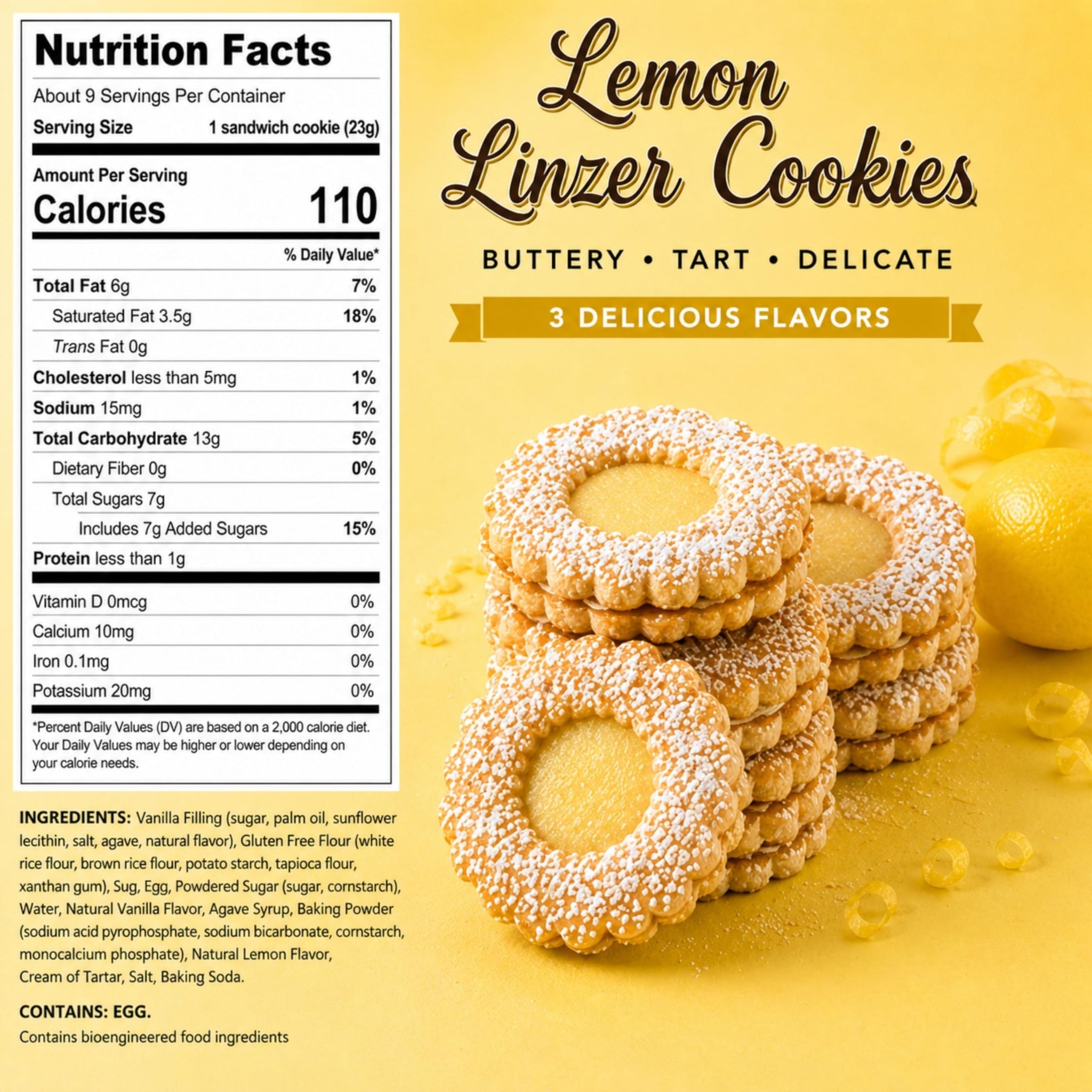 My Dad's Cookies Gluten Free Lemon Burst Cream Filled Linzer Sandwich Cookies with Powdered Sugar - Dairy-Free, Kosher, Nut-Free, Italian Style