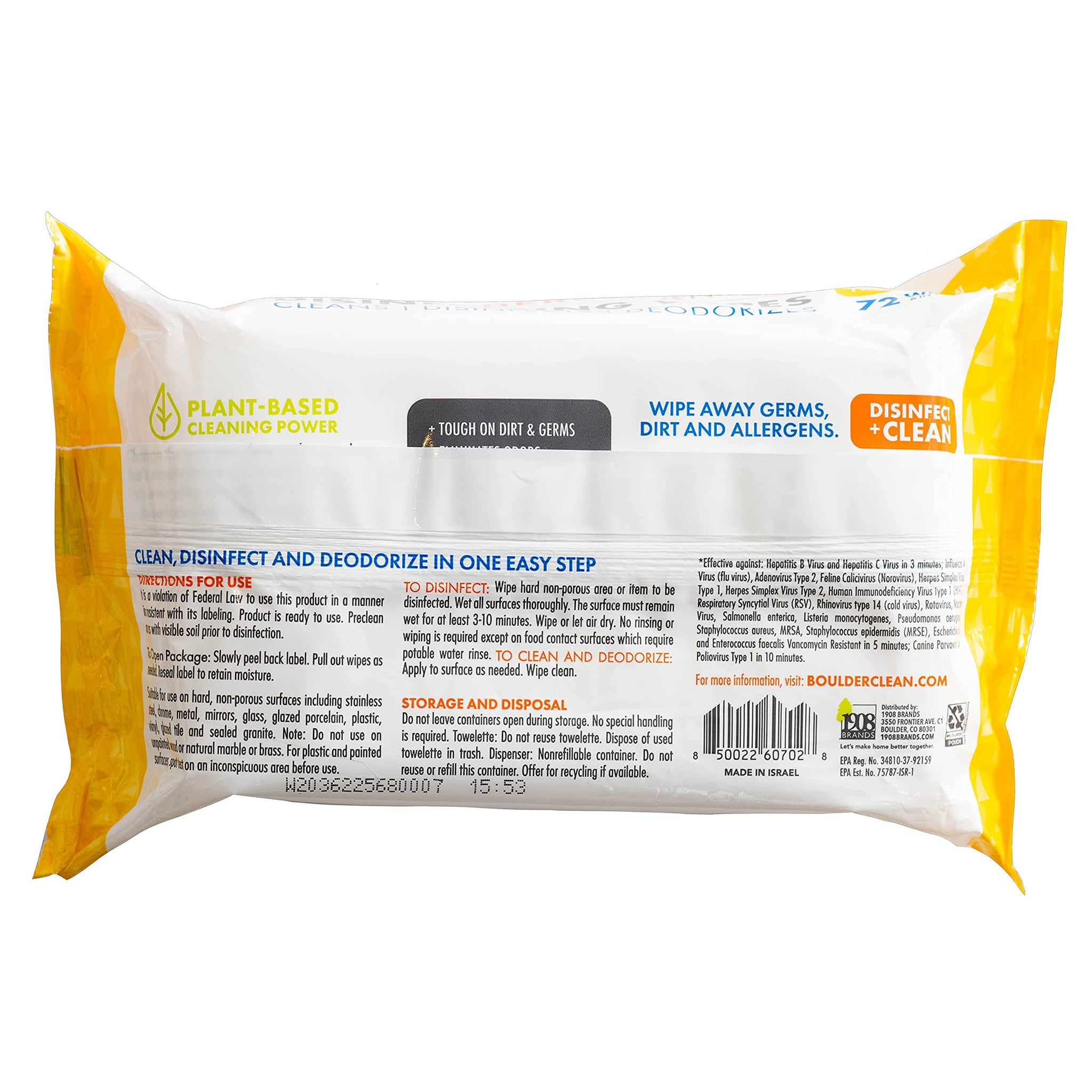 Boulder Clean Disinfecting Wipes, Fresh Lemon, Eco-Friendly Disinfectant, Multi-Surface Cleaning Wipes, On-The-Go Antibacterial Wipes, Kills Over