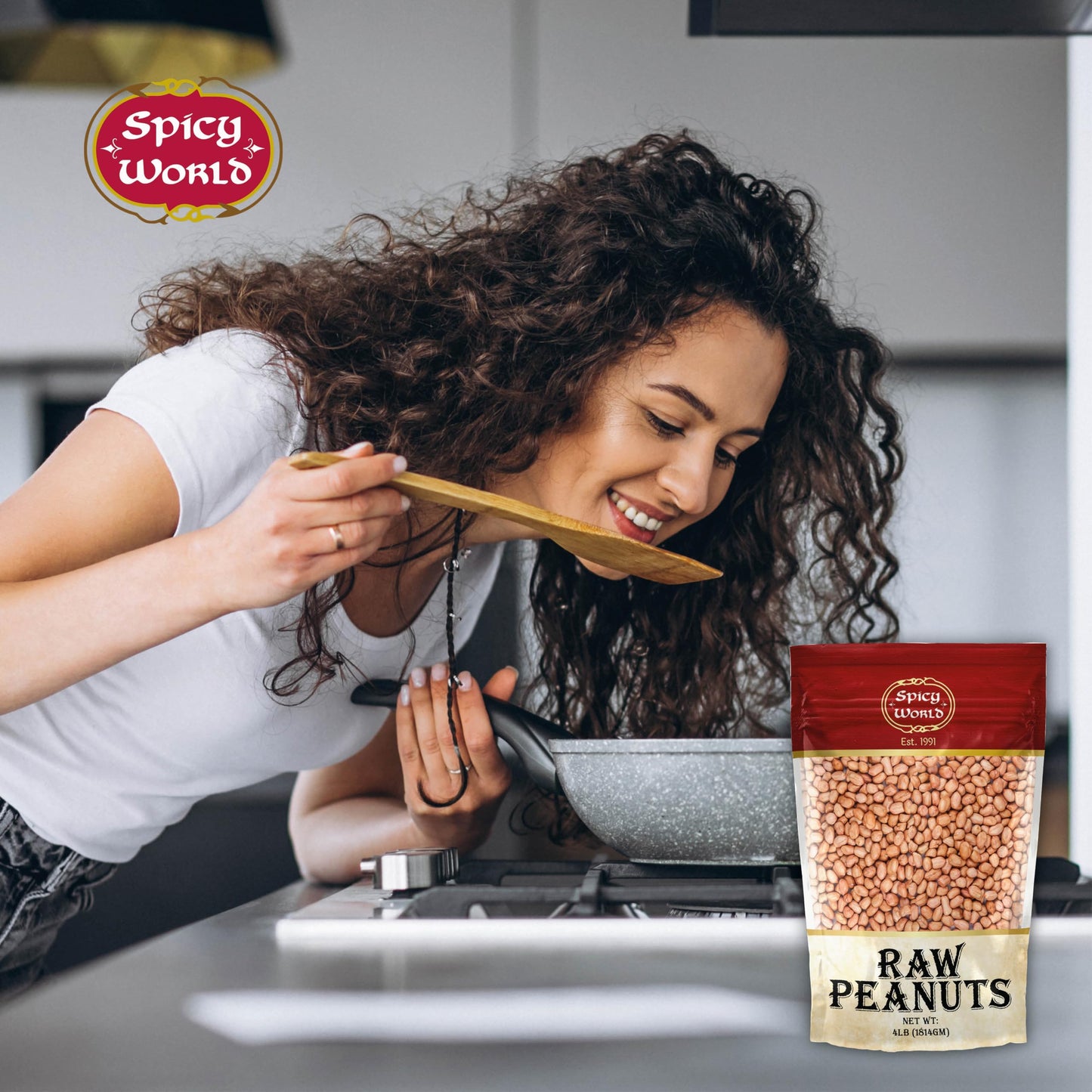 Spicy World Peanuts Raw Whole With Skin 4 LB Jumbo Bag (64oz) | Uncooked, Unsalted, All Natural, USA Grown Red Skin Spanish Grade