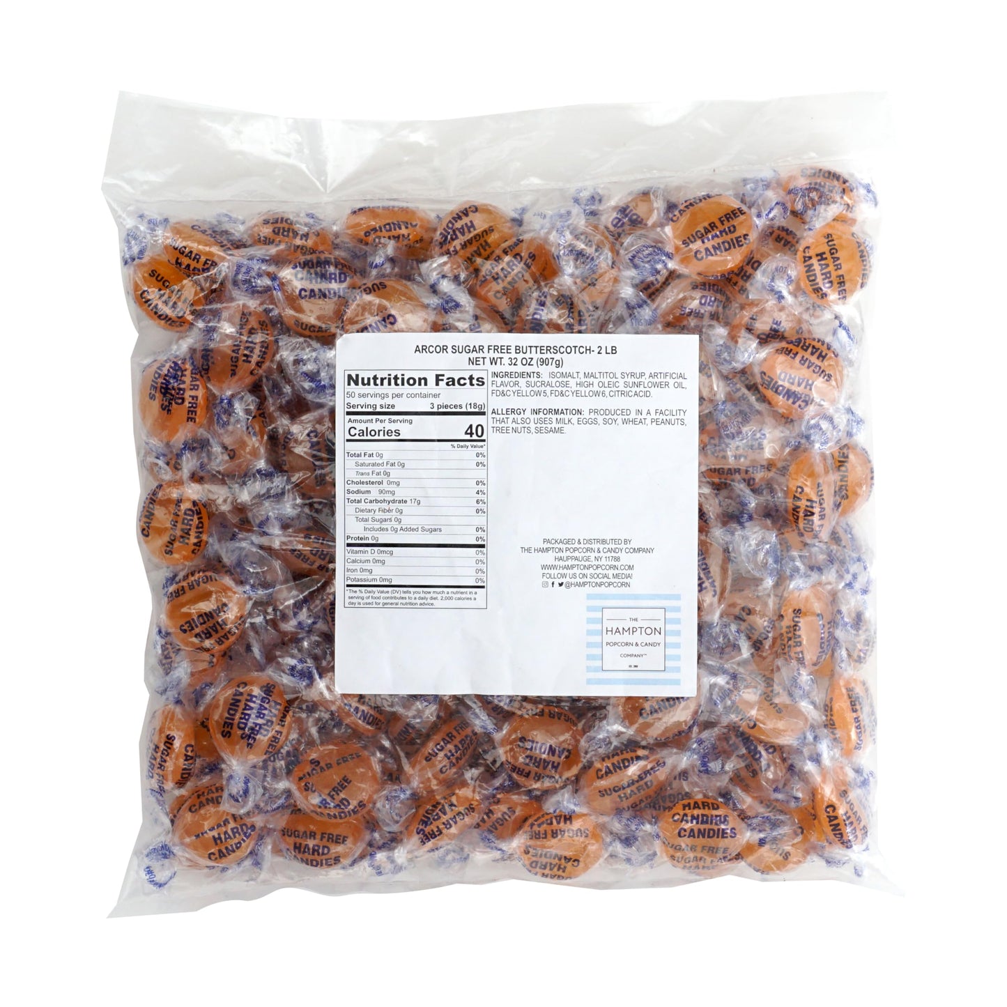 Sugar Free Butterscotch Hard Candy, 2 Pound Bulk Bag (Approx 140 pieces), Individually Wrapped Hard Candy, The Hampton Popcorn & Candy Company
