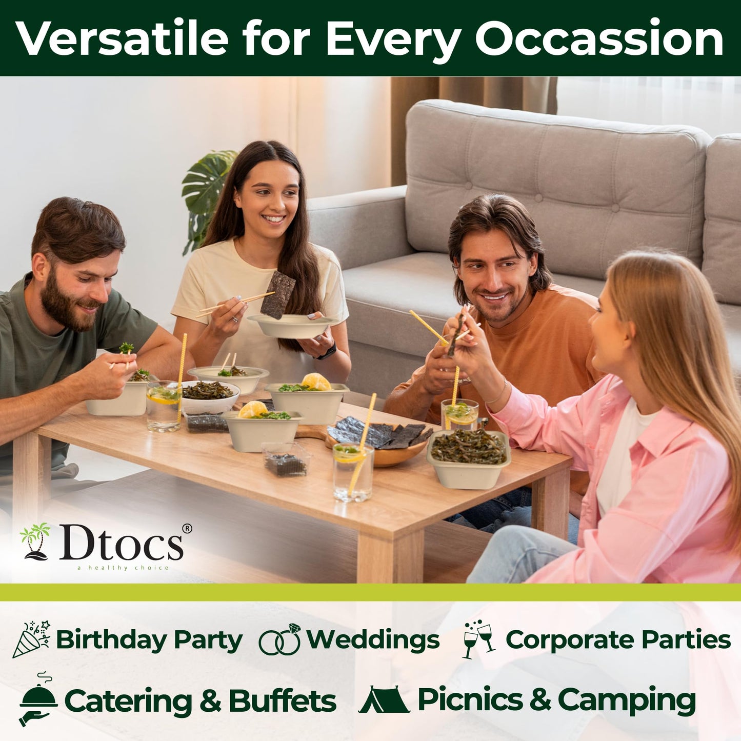 Dtocs Bamboo Fiber Disposable Bowls - 32 Oz, 50 Pk | Bamboo Square Bowl | Microwavable Bagasse Bowl like Soup, Cake, Salsa, Salad bowls | Disposable
