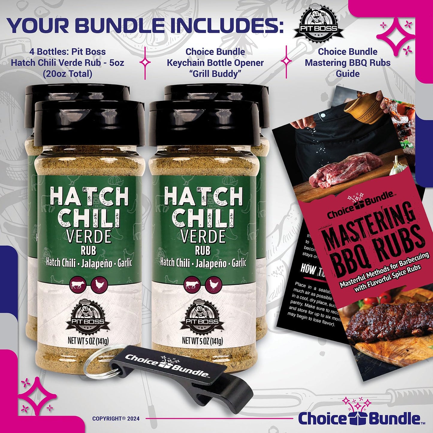 Pit Boss Hatch Chili Verde Premium Barbecue Mixed Seasoning Spice & 4 pk Choice Bundle (20 oz) + Guide & Keychain Bottle Opener (6 Items)!