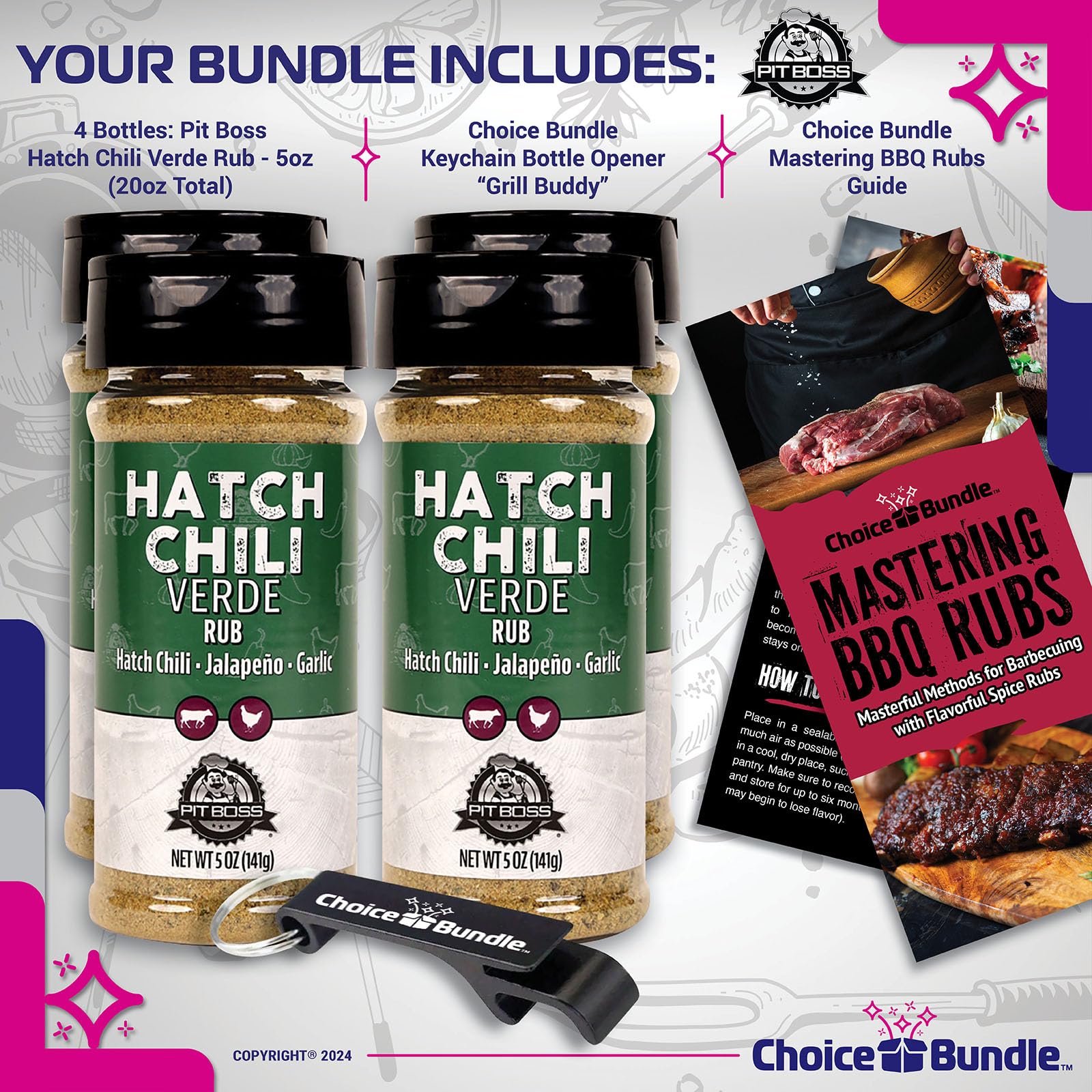 Pit Boss Hatch Chili Verde Premium Barbecue Mixed Seasoning Spice & 4 pk Choice Bundle (20 oz) + Guide & Keychain Bottle Opener (6 Items)!