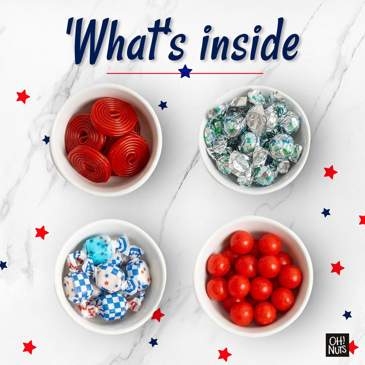 Oh! Nuts 4-Section Patriotic Candy 4th of July Gift Basket - America 250 Anniversary Freedom Day Mix - Cherry Sour Balls, Red Licorice Wheels