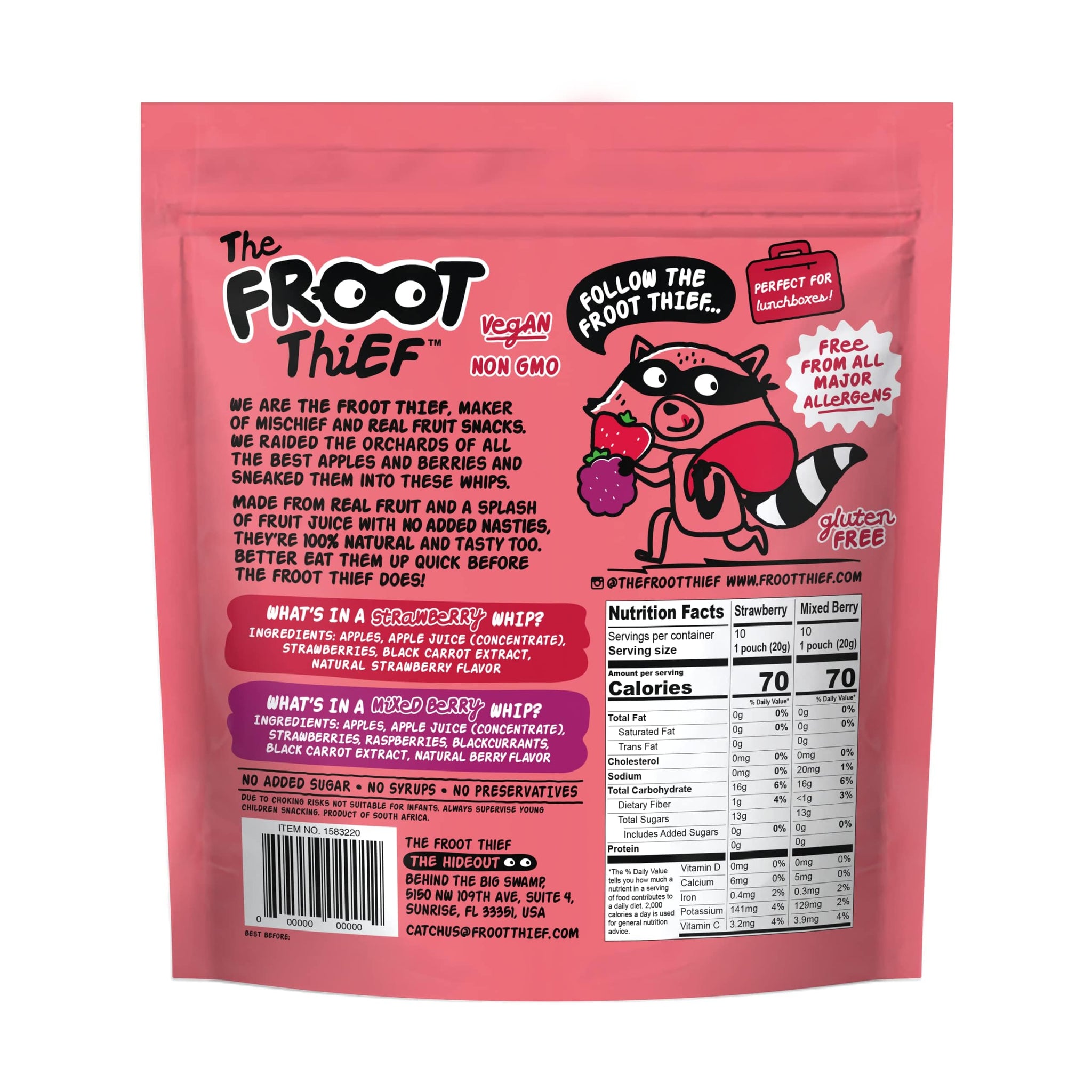 The FROOT Thief Real Fruit Snack Whips BIG Variety Pack, Nut Free, Individual Bags for Kids School Lunches, 10xStrawberry, 10xMixed Berry