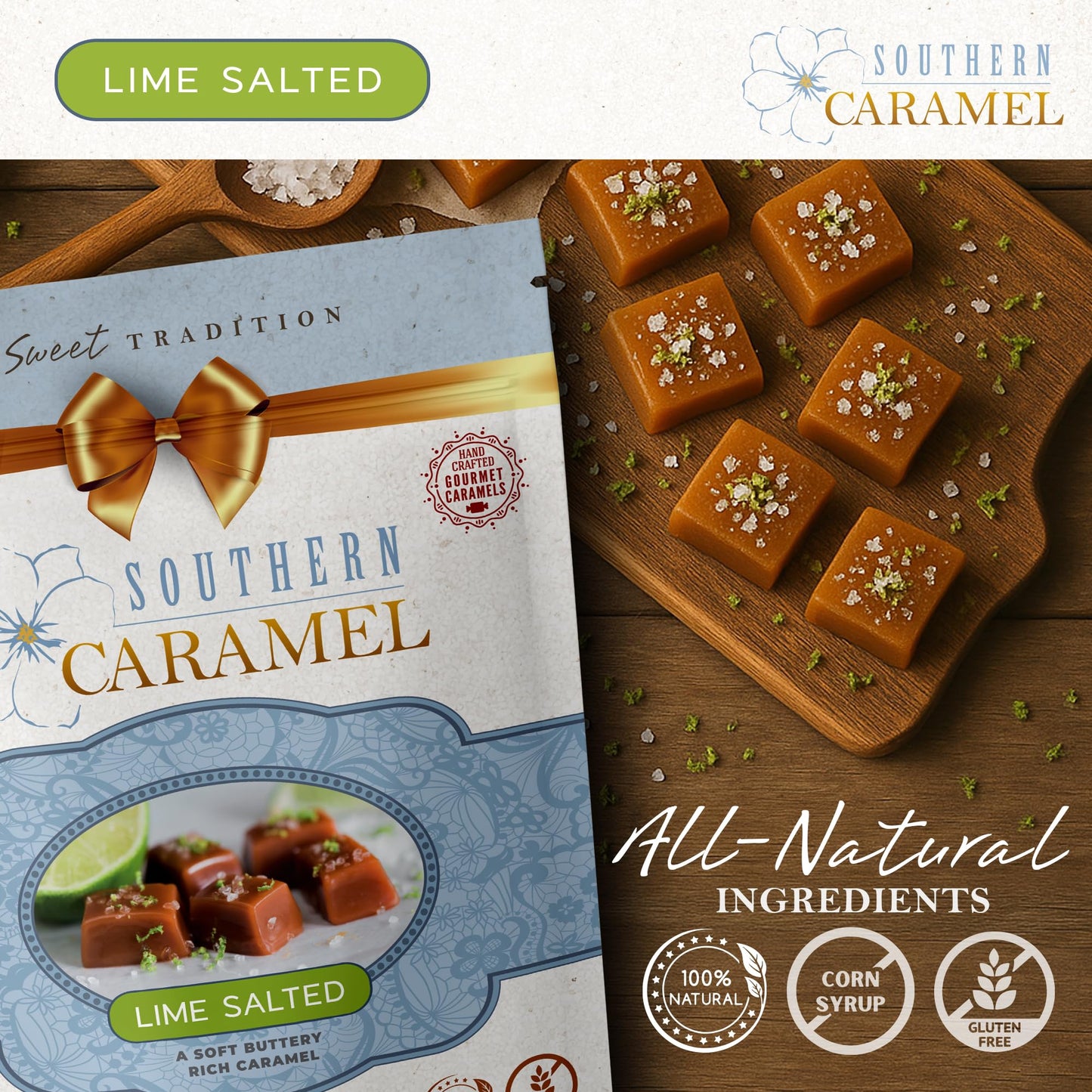 Southern Caramel Lime Salted Caramels, Soft Buttery Gourmet Caramel Candy Finished with House-Made Lime Salt, Handcrafted, Small Batch, Gluten Free