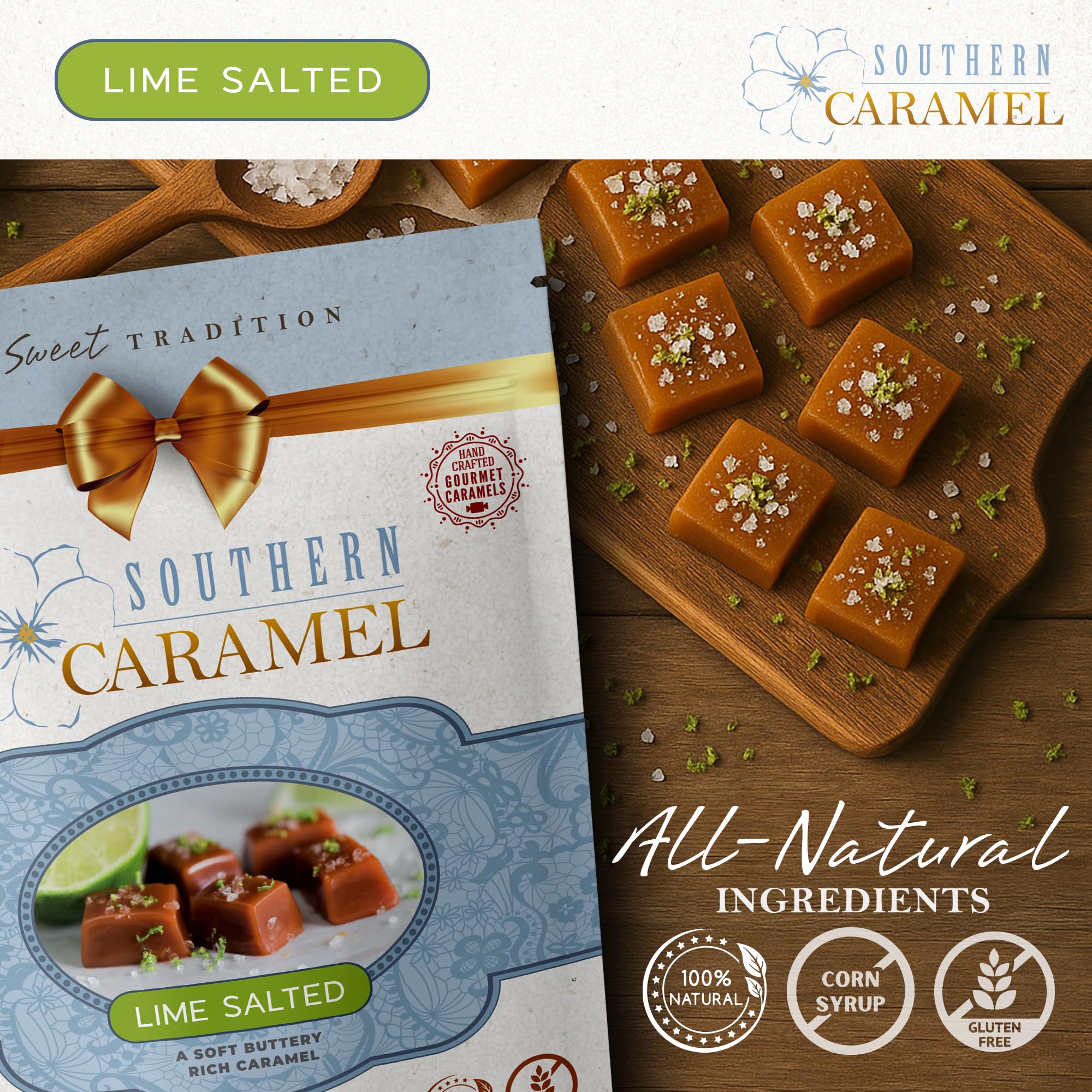 Southern Caramel Lime Salted Caramels, Soft Buttery Gourmet Caramel Candy Finished with House-Made Lime Salt, Handcrafted, Small Batch, Gluten Free