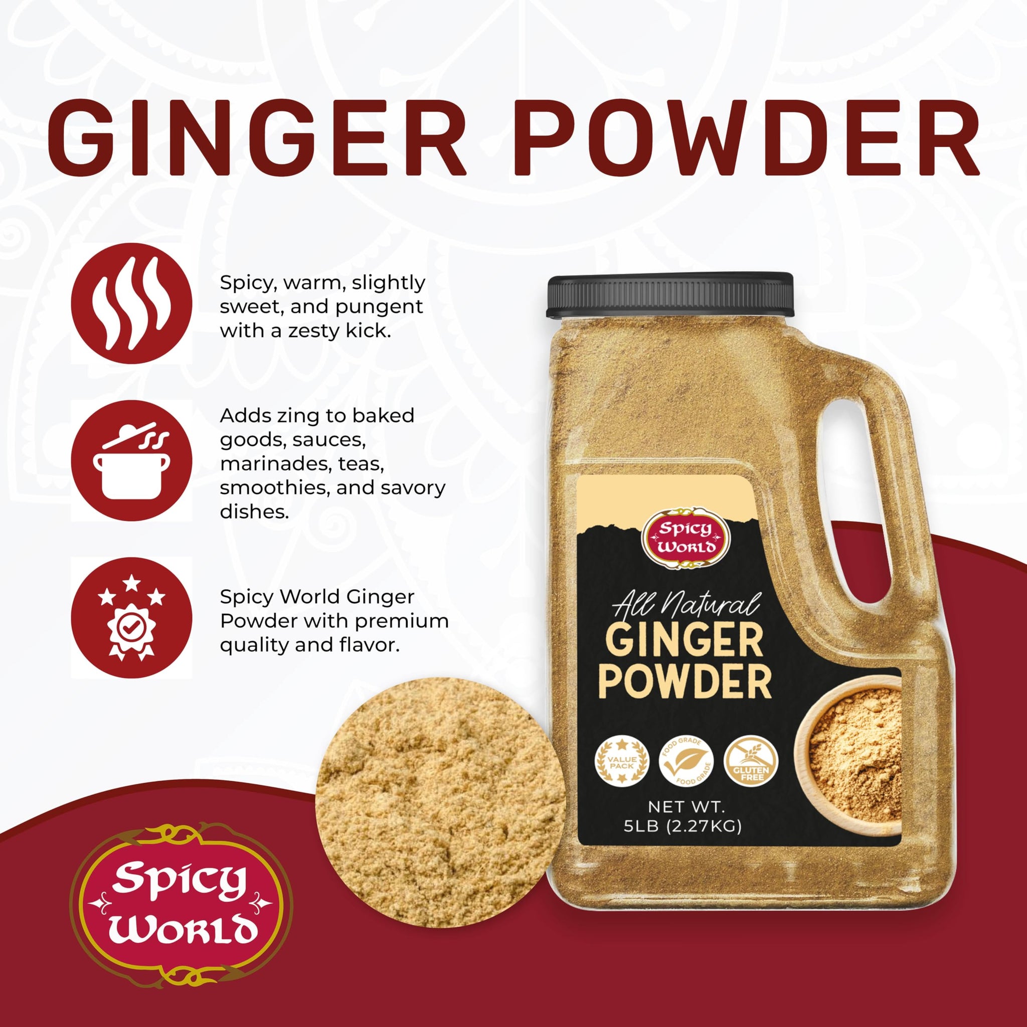 Spicy World Ginger Powder 5 LB Jar - Gluten Free, Bulk Ground Dried Ginger Root, Pure Zingiber Officinale, Warm & Spicy Flavor for Cooking, Baking