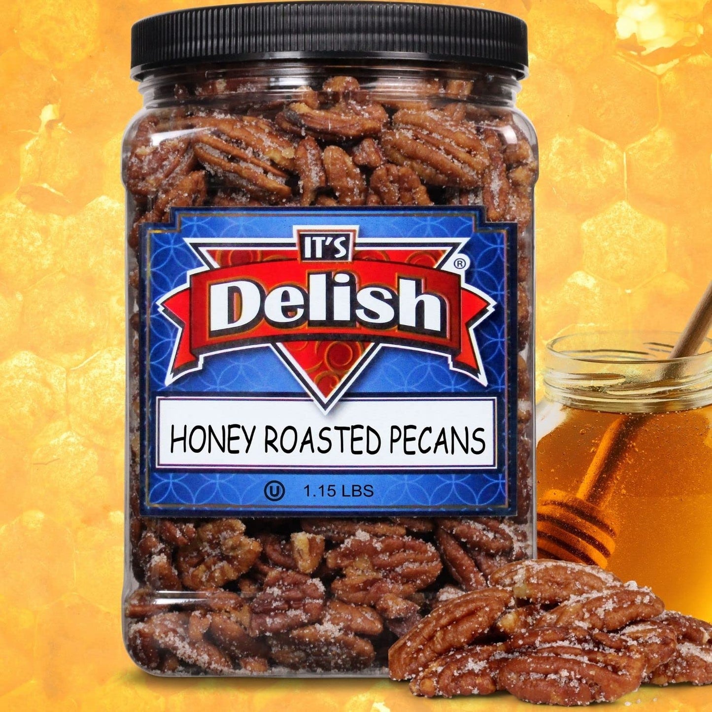 Honey Roasted Pecans by It's Delish, 1.15 LBS Reusable Jumbo Container | Gourmet Pecan Nuts in Honey Sugar Coating, Sweet & Heart Healthy Salted Nut