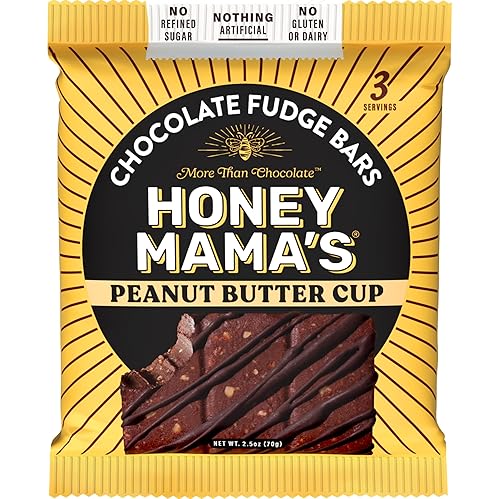 Honey Mama's, Peanut Butter Cup Chocolate Fudge Bars, NO Refined Sugar, Gluten Free, Dairy Free, Soy Free, NO Seed Oils, 2.5 Ounce, 3-Serving Bar