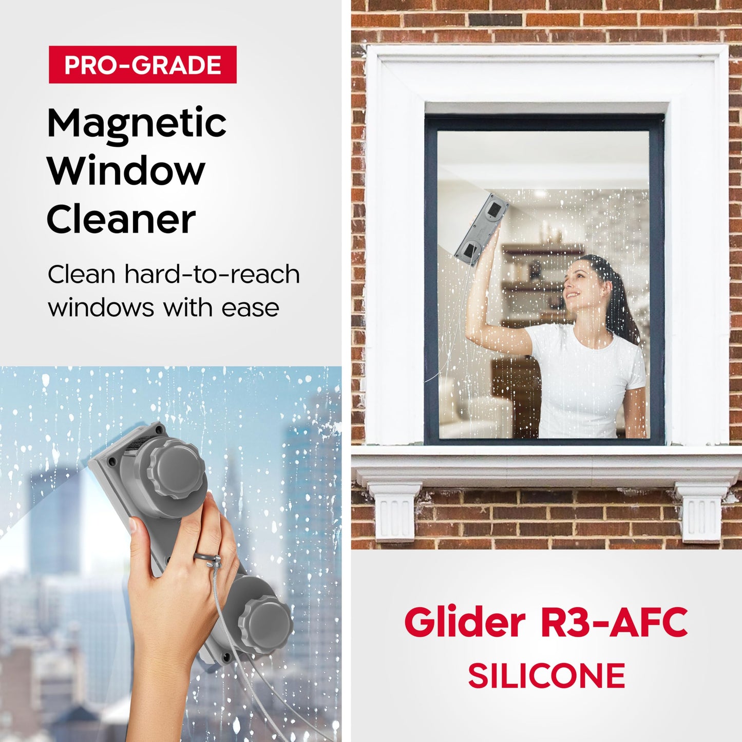 Tyroler Magnetic Window Cleaner Tool | The Silicone Glider R-3 AFC Fits Windows 0.2"-1.5" Thick | Double Sided Outside Window Cleaner Tool |