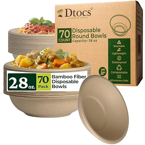 Dtocs Bamboo Fiber Disposable Bowls - 28 Oz, 70 Pk | Eco Friendly Large Bowl | Microwave Safe Bagasse Bowl for Soup, Dessert, Salad bowls | Disposable