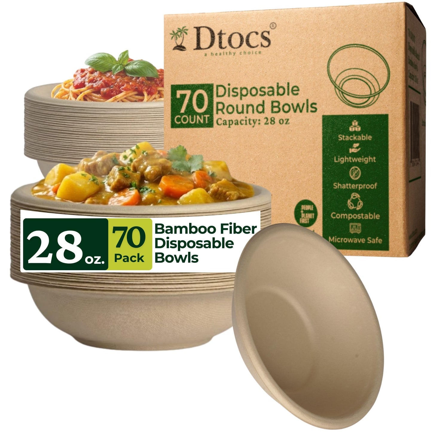 Dtocs Bamboo Fiber Disposable Bowls - 28 Oz, 70 Pk | Eco Friendly Large Bowl | Microwave Safe Bagasse Bowl for Soup, Dessert, Salad bowls | Disposable